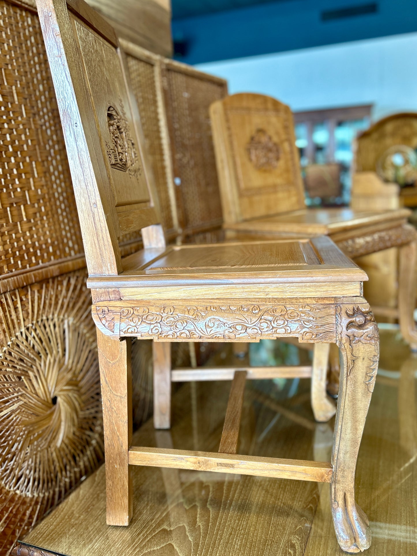 Ornately Carved, Glass-Topped Asian Desk with Two Chairs, Beautiful, Intricately Carved Motifs