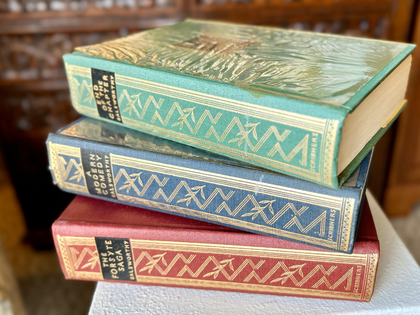 Rare Set of Three 1935 Hardcover Books by John Galsworthy, Modern Comedy, End of the Chapter & Forsyte Saga