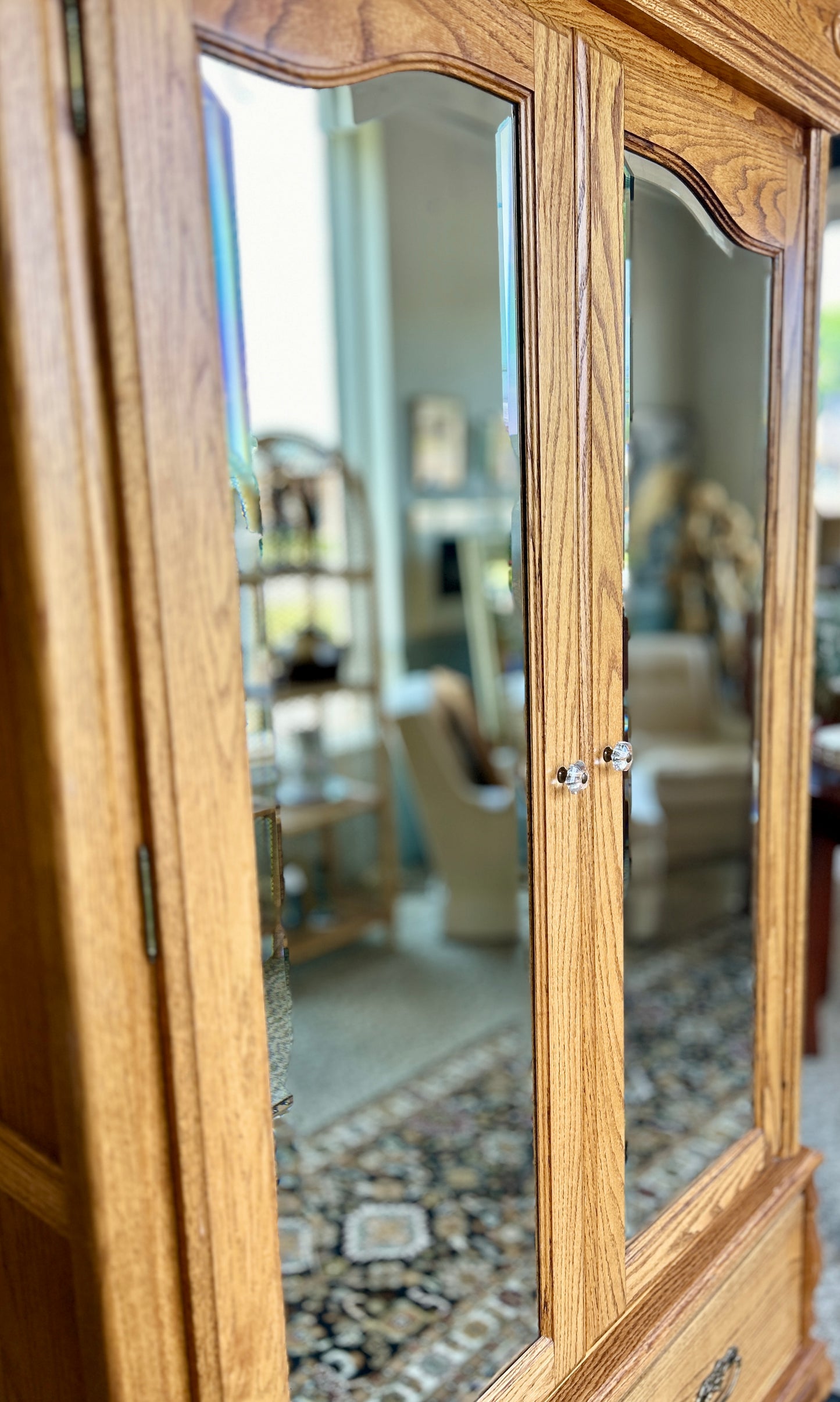 Beautiful, Vintage Oak Armoire with Beveled Glass Mirrors, 86" Tall