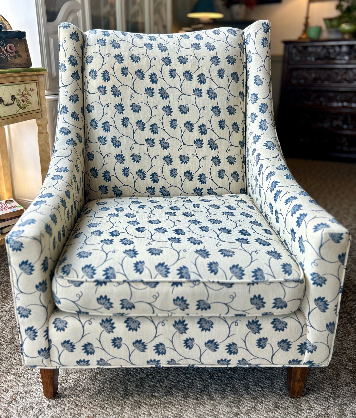 Beautiful Occasional Chair, Ivory and Blue Thistle Flower Upholstery