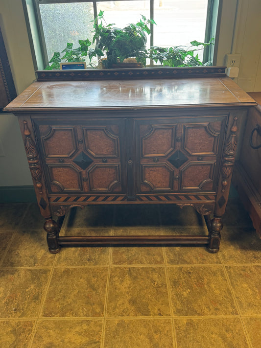 Antique BERKEY & GAY Furniture Renaissance Revival Mahogany, Burl Wood and Ebonized Wood Cabinet