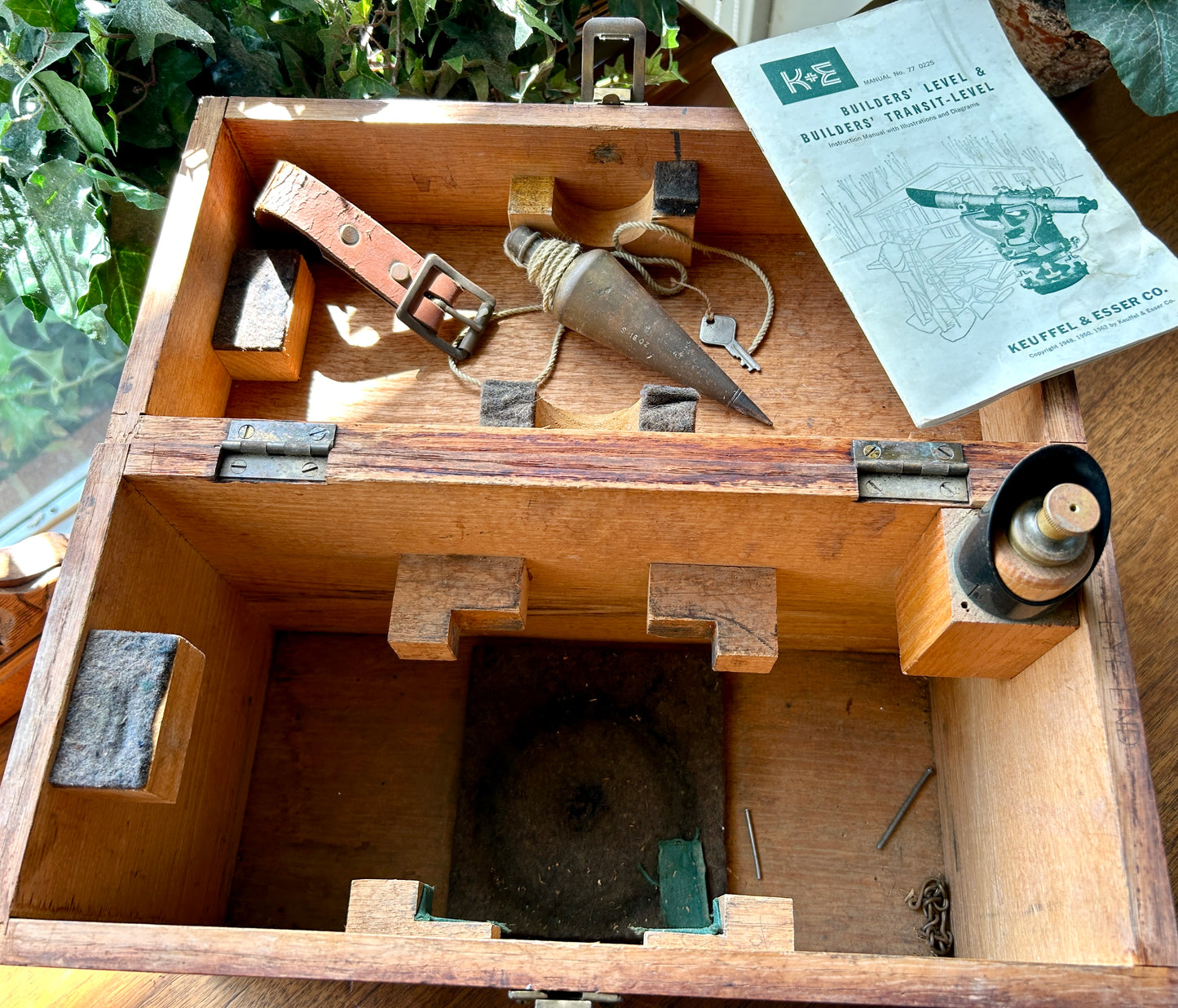 Vintage 1960s Dietzgen 6300 Builder's Level in Oak Case w Manual, Plumbs, Stand, with Keuffel & Esser Co Manual, Plumb Bobs, Sun Shade, Key