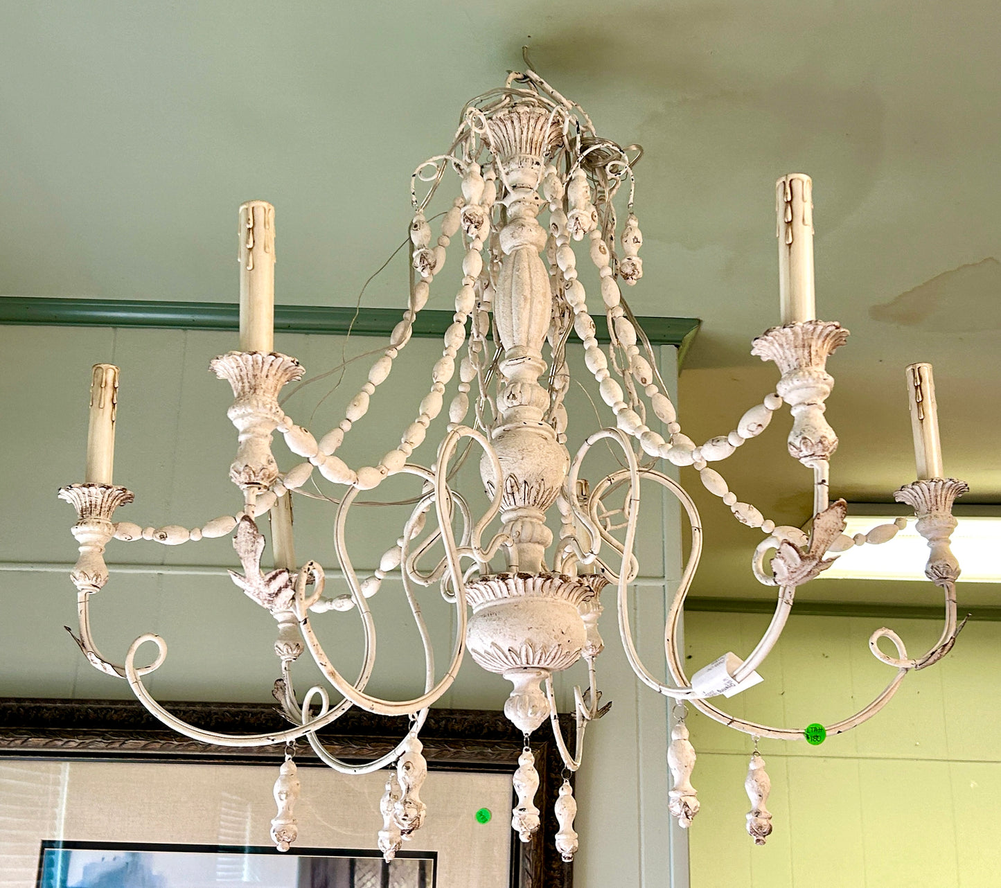 Chandelier, Shabby Chic Wood and Iron Six-Light, Scrolled-Arm Chandelier, 28"