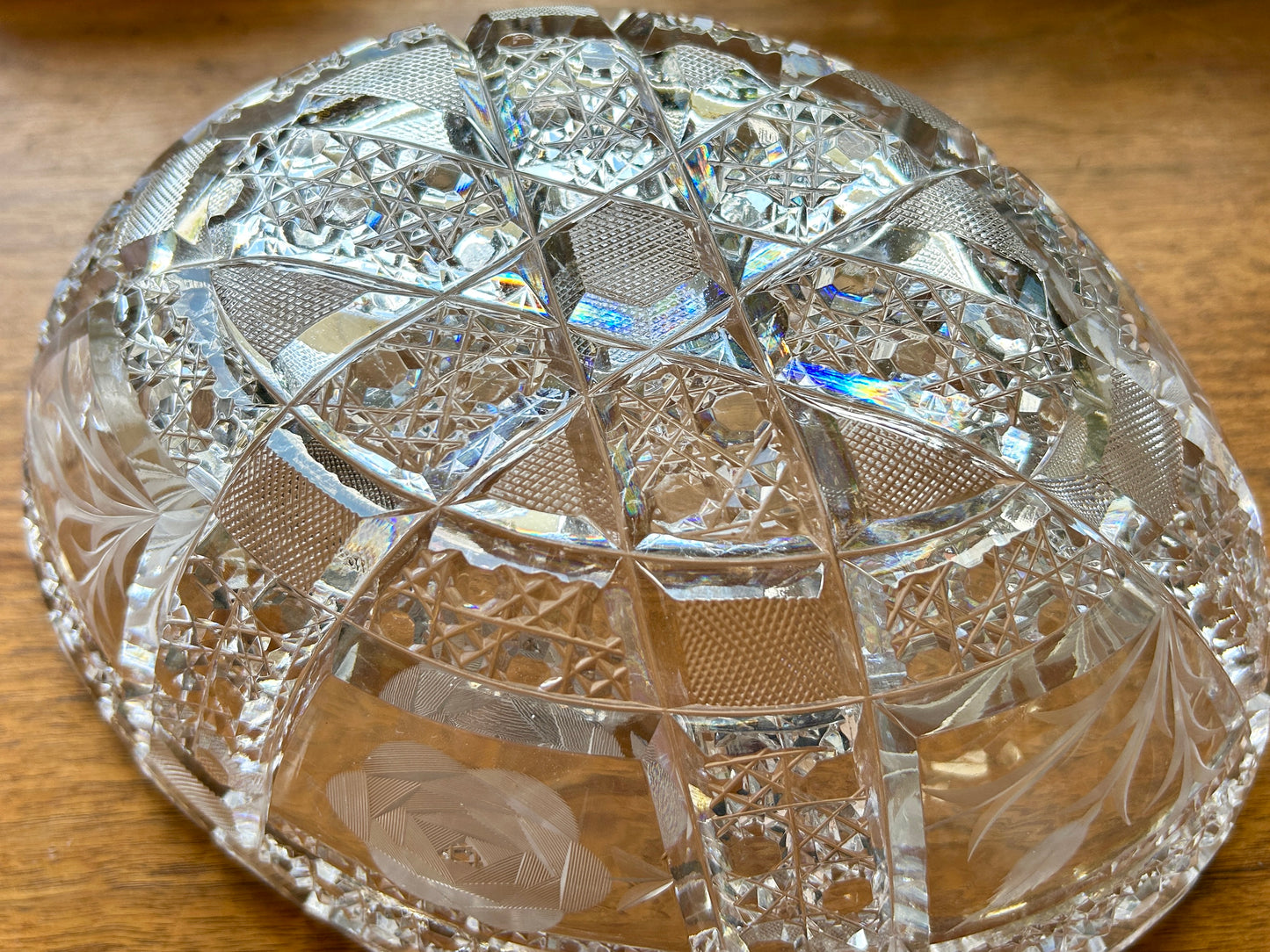 Large, Brilliant Cut Glass Bowl, Oval, 11.25" with Bright, Diamond Point and Fluted Detail