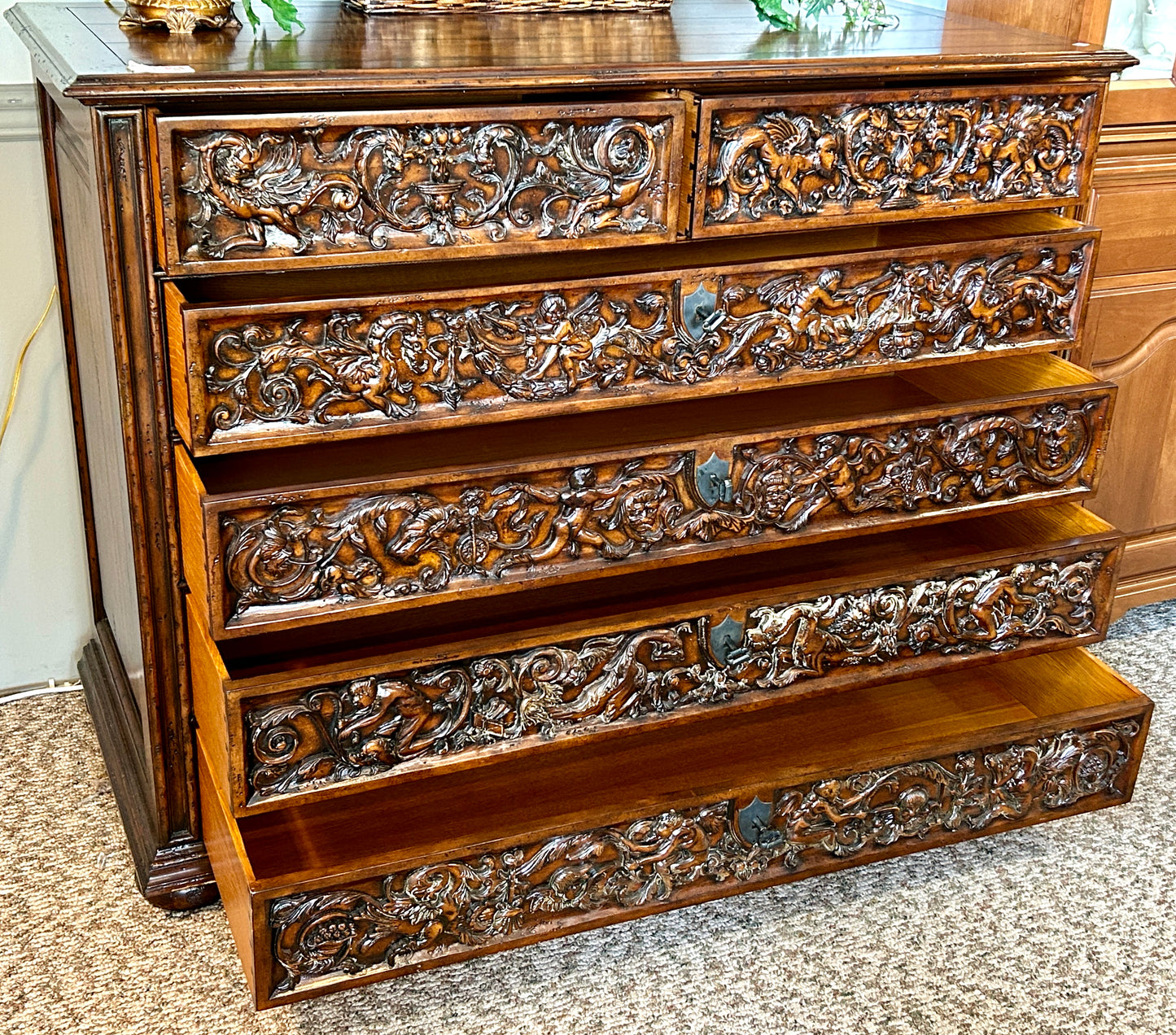 Baroque Chest, 6 Drawer Oak & Walnut Belgian Dresser, 54" Wide