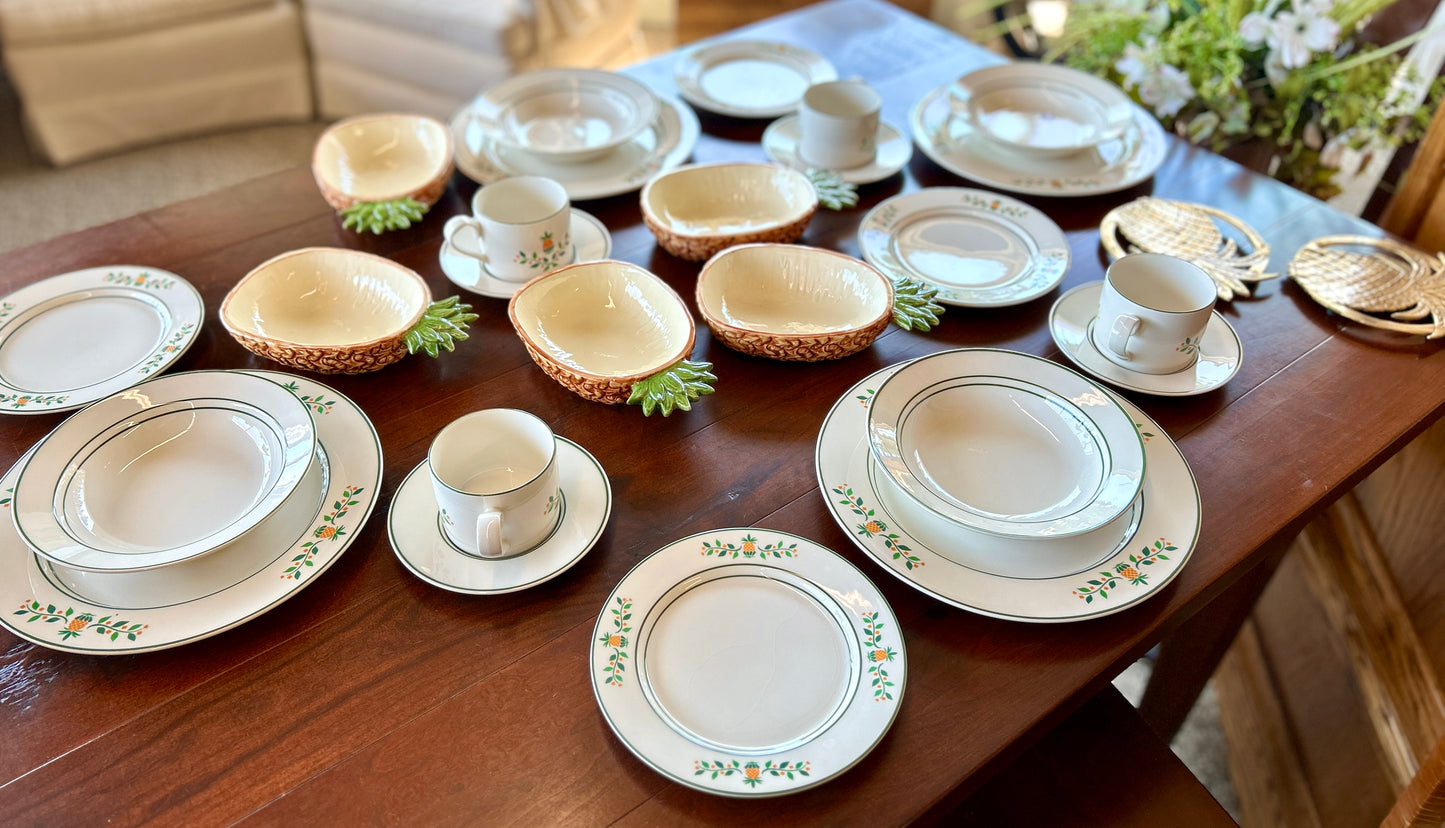 1960s Vintage Pineapple Place Setting For 4, by International Ceramics, 20 Pieces, Plus 4 Accent Bowls and Brass Trivets