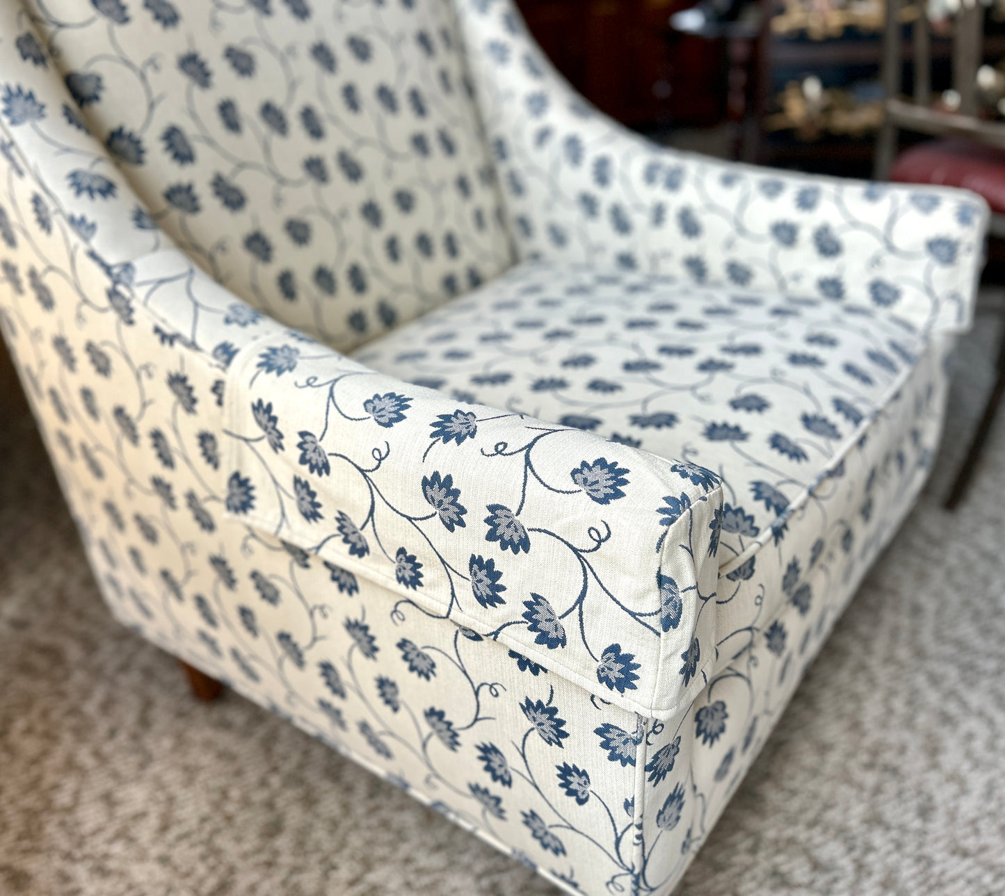 Beautiful Occasional Chair, Ivory and Blue Thistle Flower Upholstery