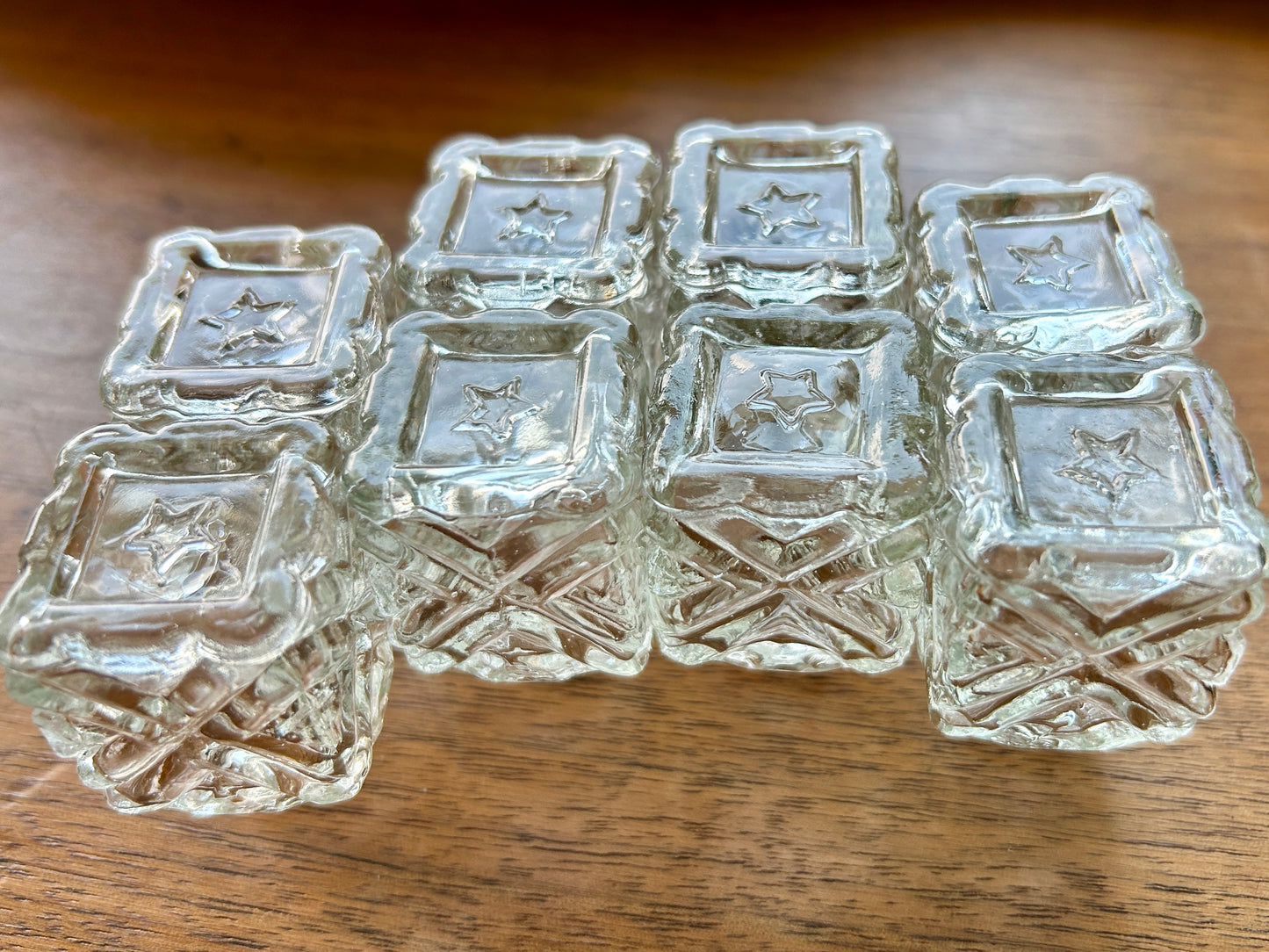 Pretty Set of 8 Mini Salt & Pepper Shakers, Vintage 1930s EAPG Star Glass Works, Indiana, USA