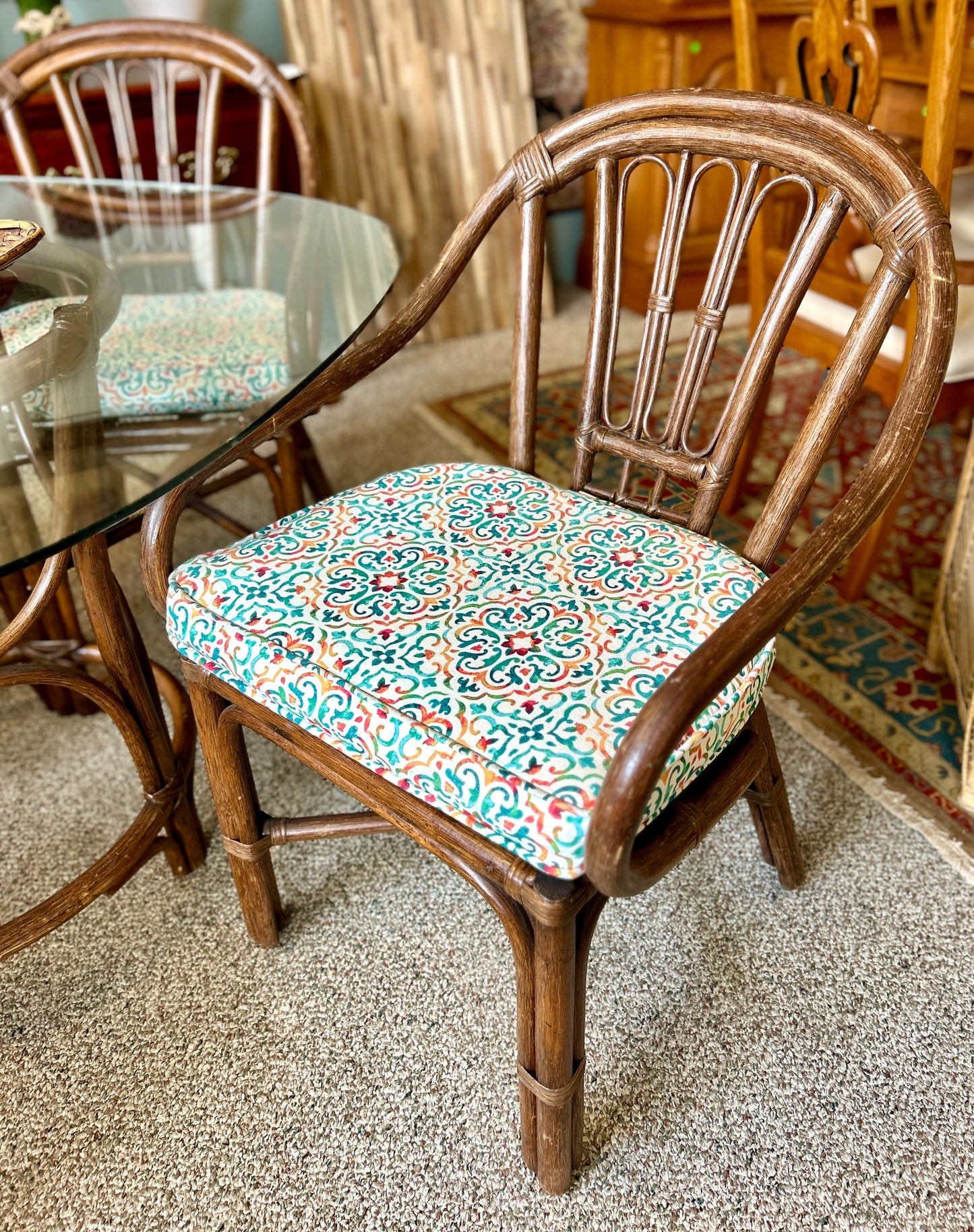 Rattan Dining Table with Glass Top and Four Chairs, 42" Square