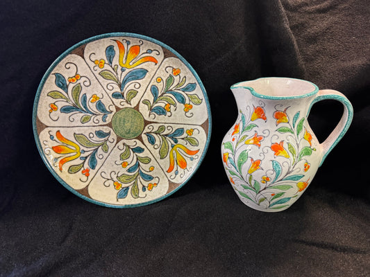 Italian Hand Painted Ceramic Plate & Pitcher