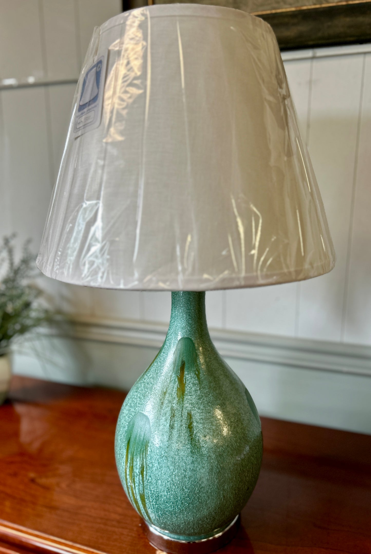 Turquoise, Hand-Glazed Pottery Style Lamp, 30" Tall