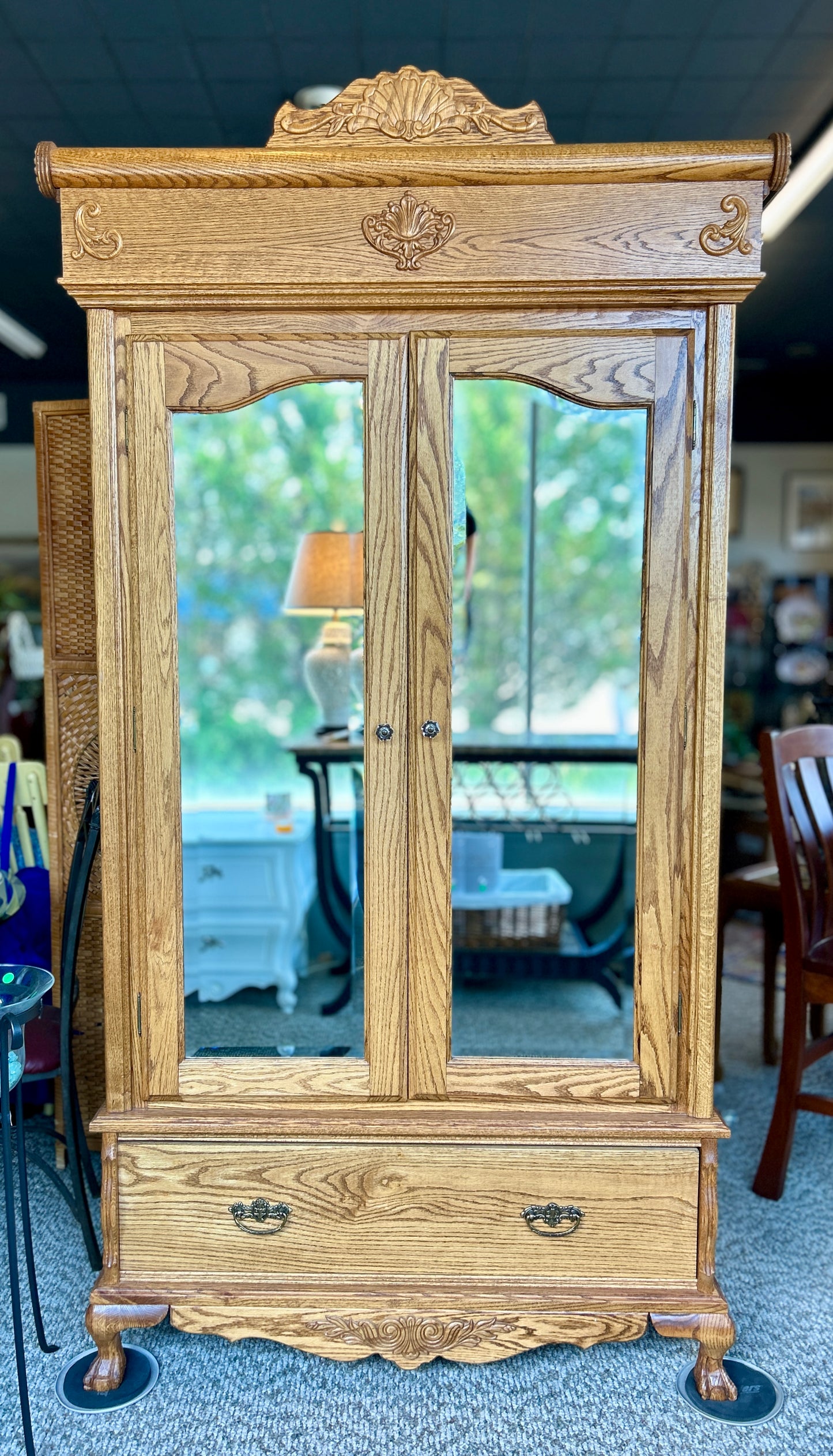 Beautiful, Vintage Oak Armoire with Beveled Glass Mirrors, 86" Tall