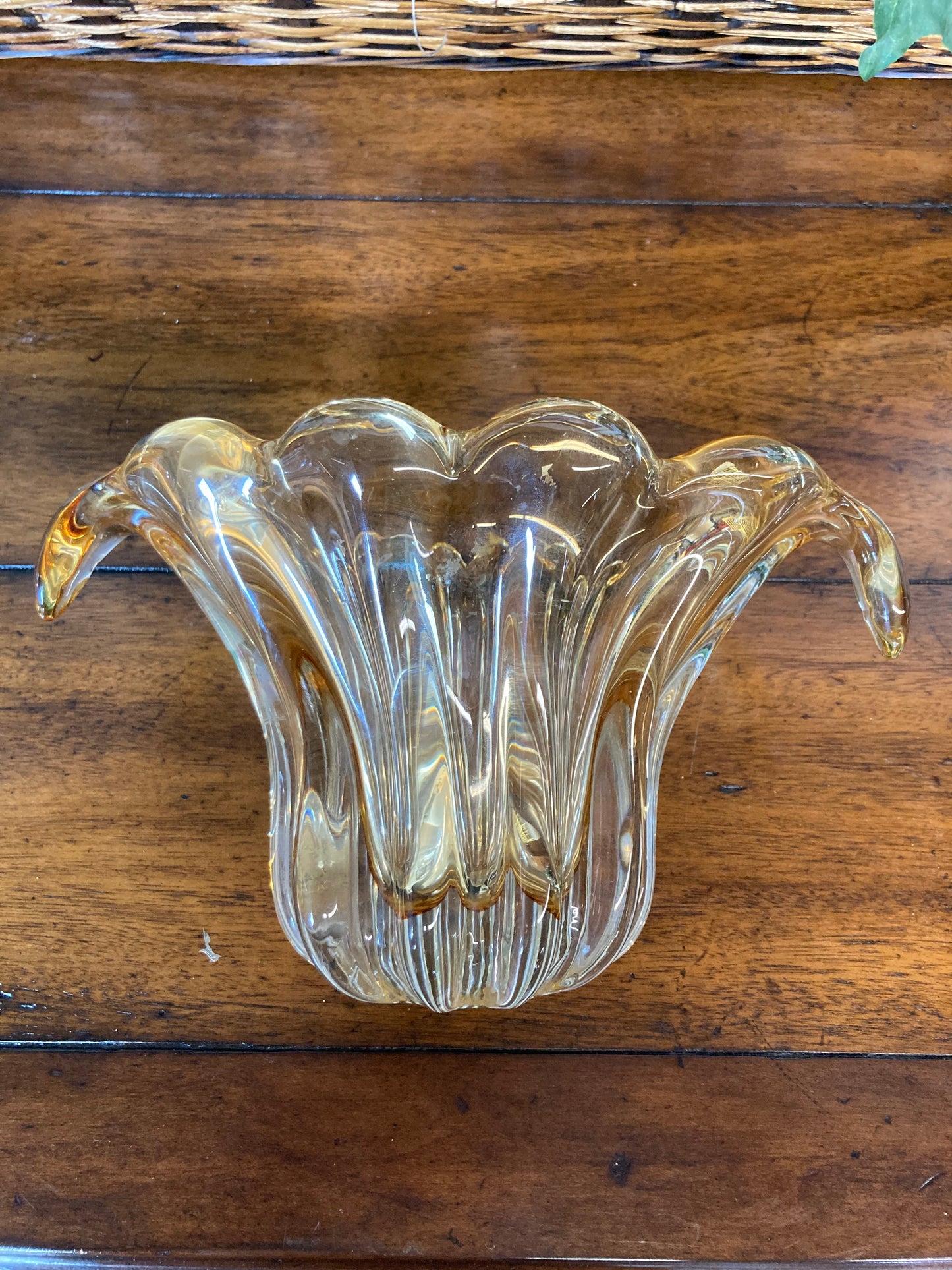 Hand Blown Amber Glass Bowl With Wing Tips