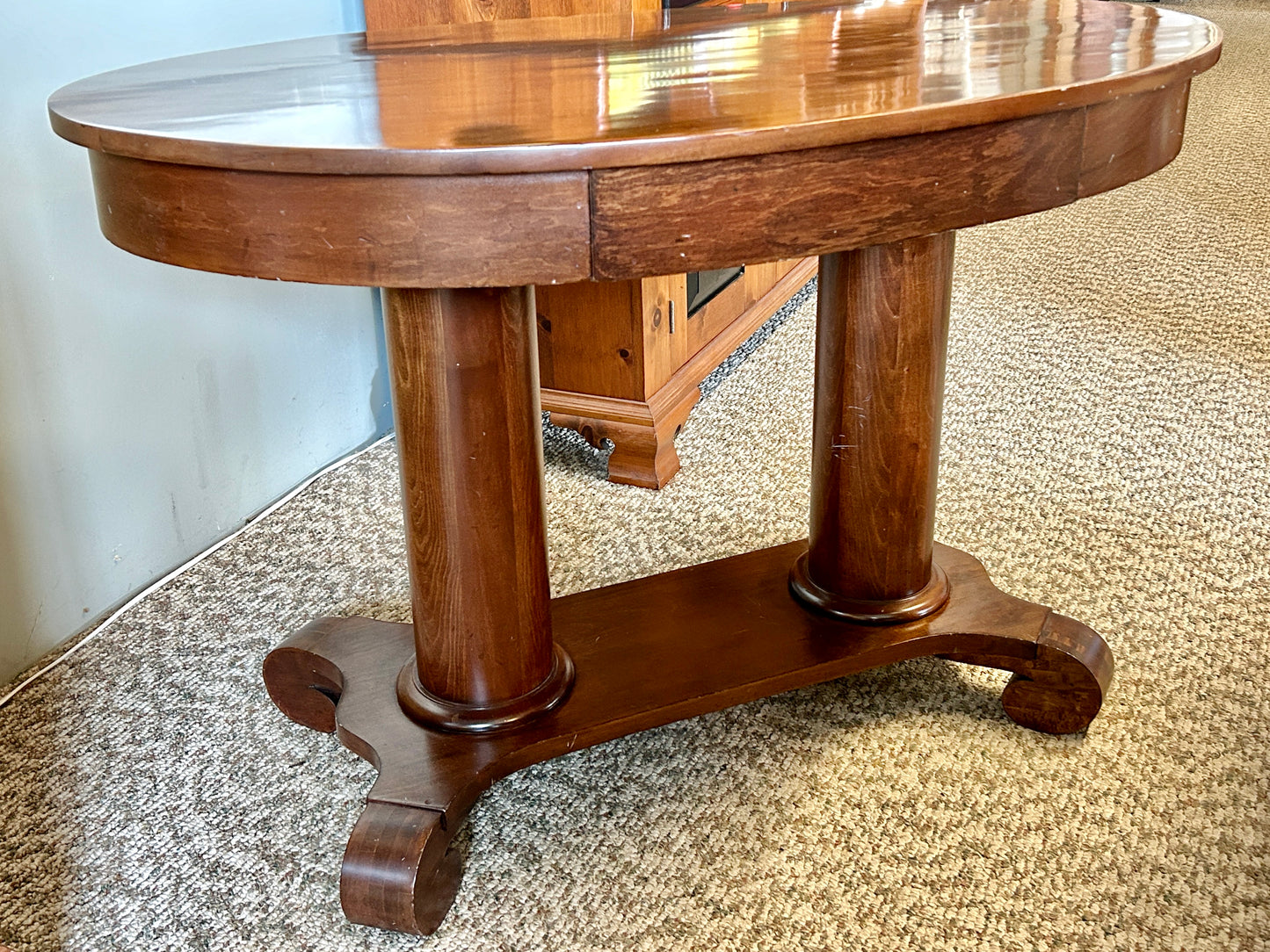 Antique Empire Style Maple Library Table, 44" Wide, Double Pedestal