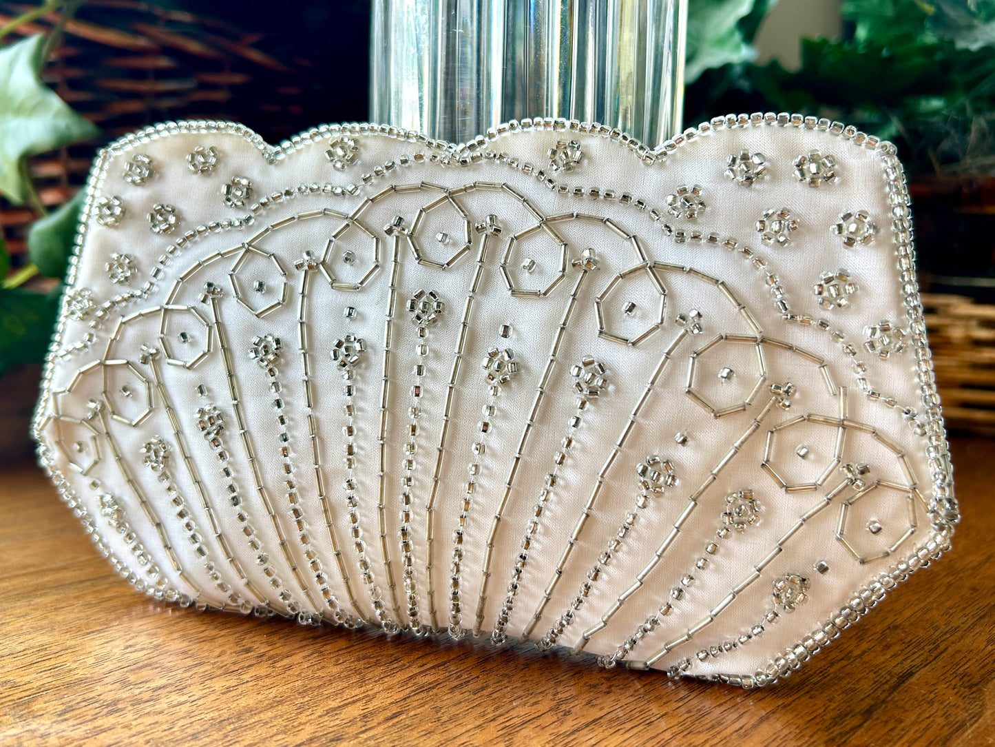 Vintage Beaded Clutch, 1950s La Regale White Satin Purse w Silver Beading, 8"Long