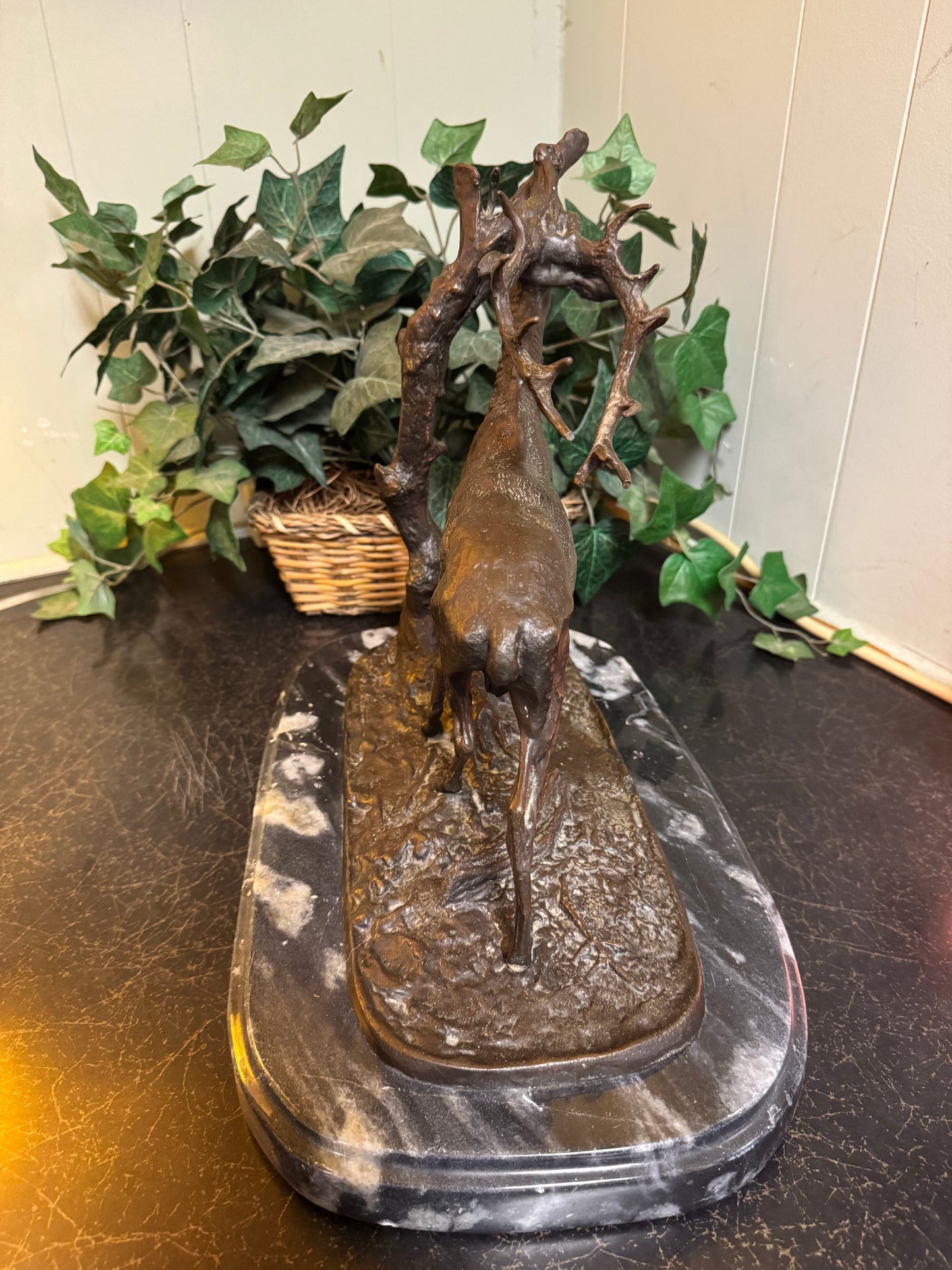 Bronze & Marble Statue "Elk By Tree" By: P.J. MENE