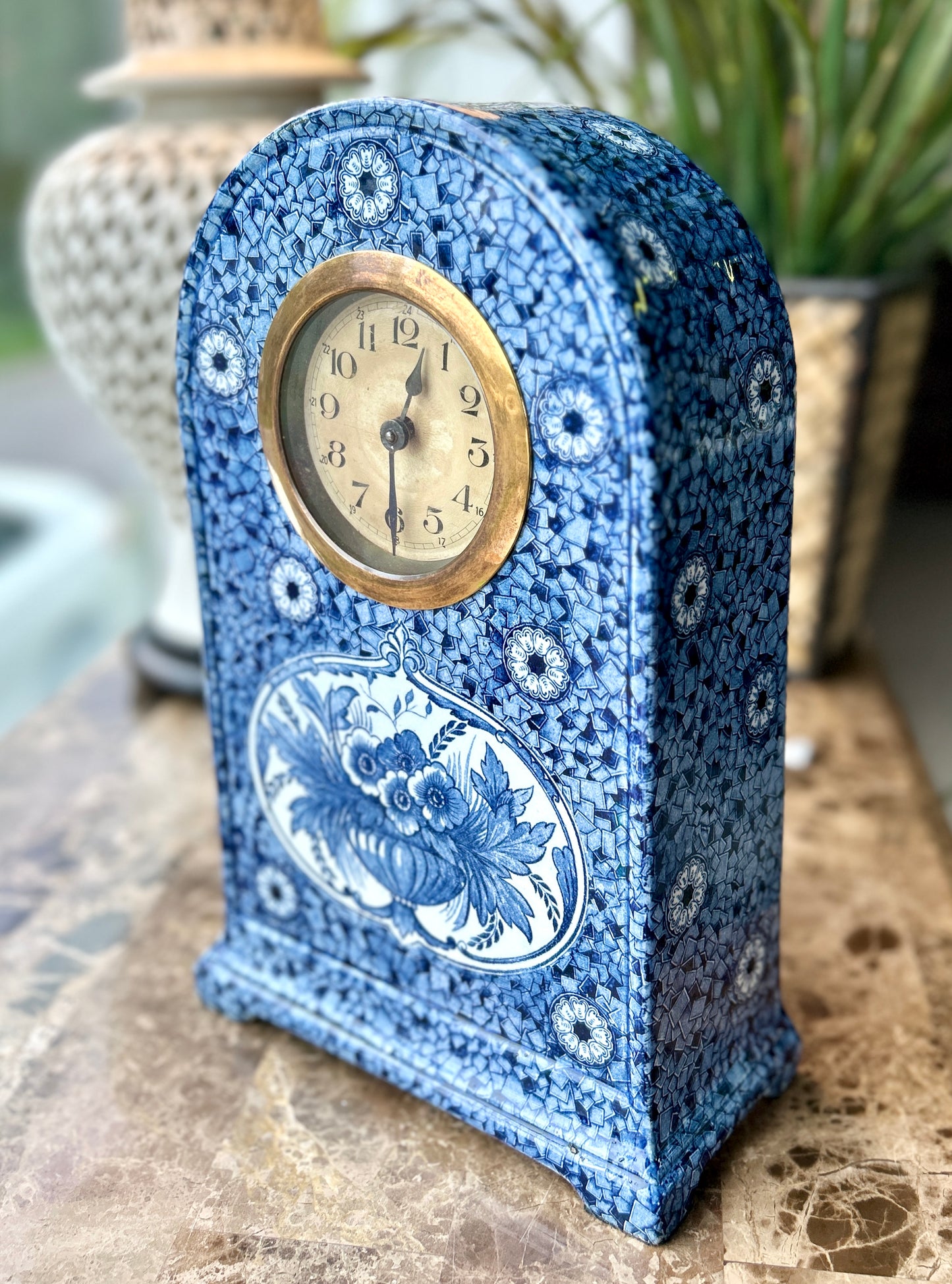 Rare Delft Ceramic Mantel Clock, Flamand Blue Transferware, Netherlands, Working