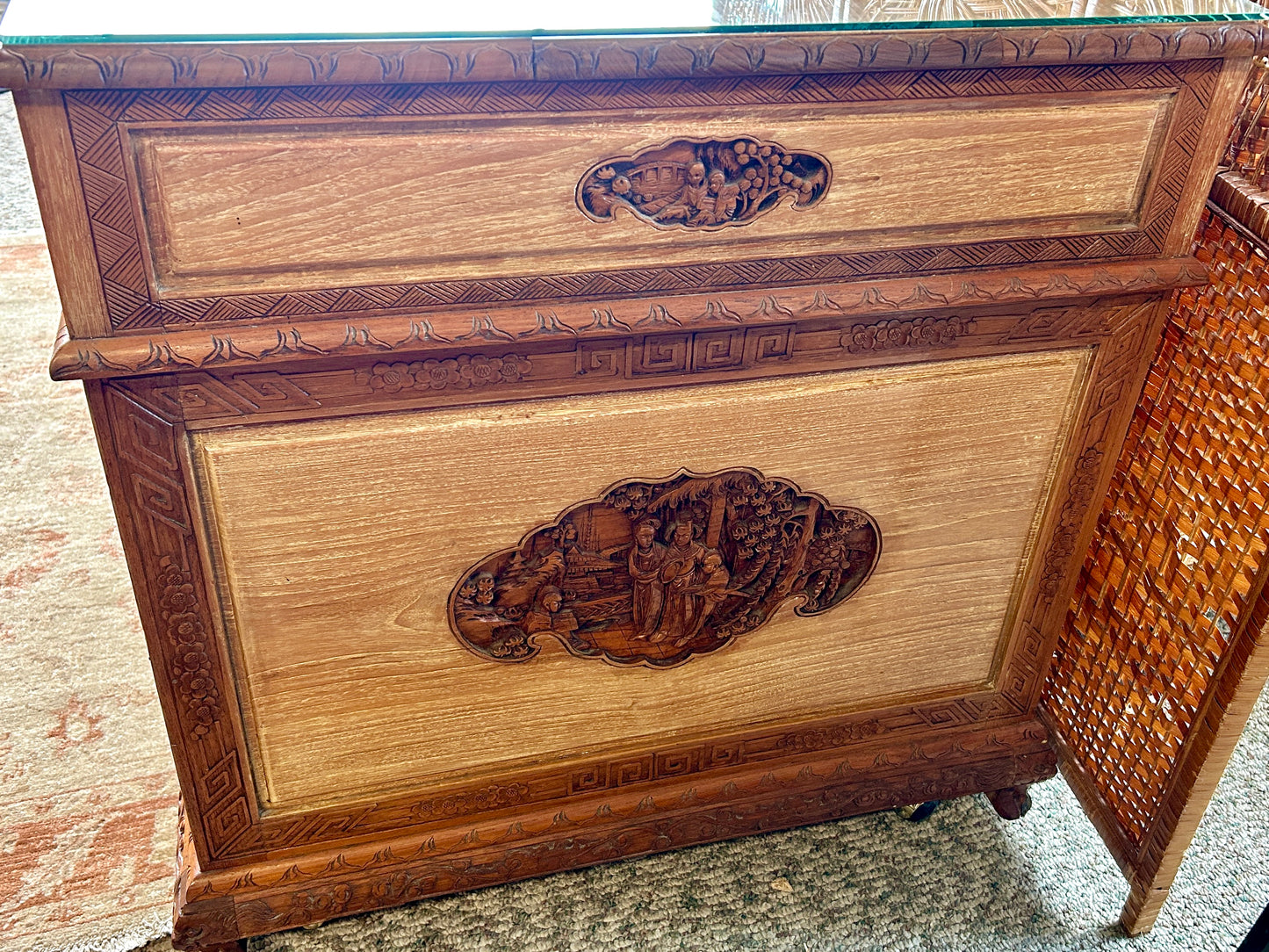 Ornately Carved, Glass-Topped Asian Desk with Two Chairs, Beautiful, Intricately Carved Motifs