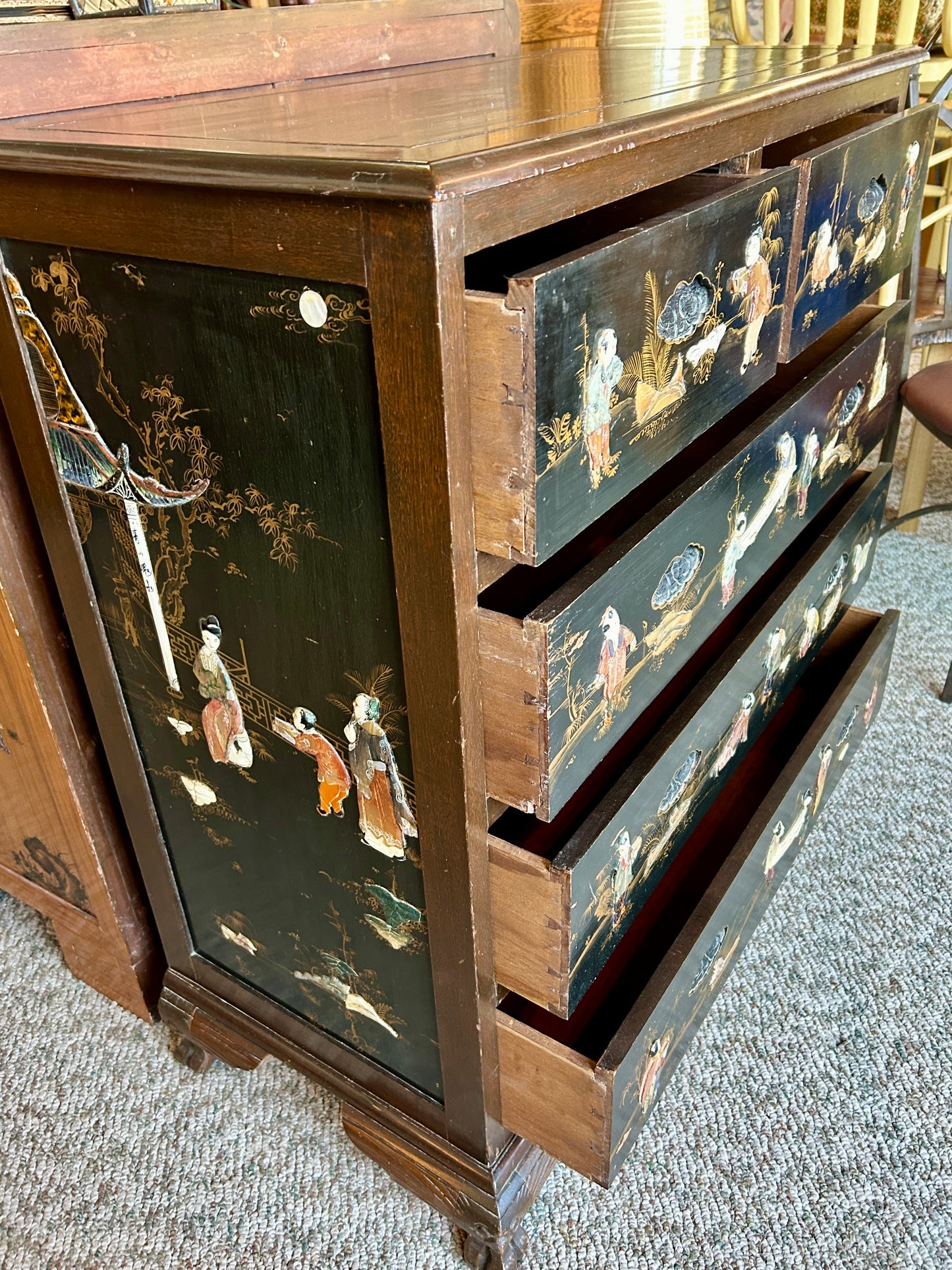 Antique, Oriental Chest Of Drawers, Hand Painted Asian Landscapes w Carved Pulls, 40" Tall Dresser