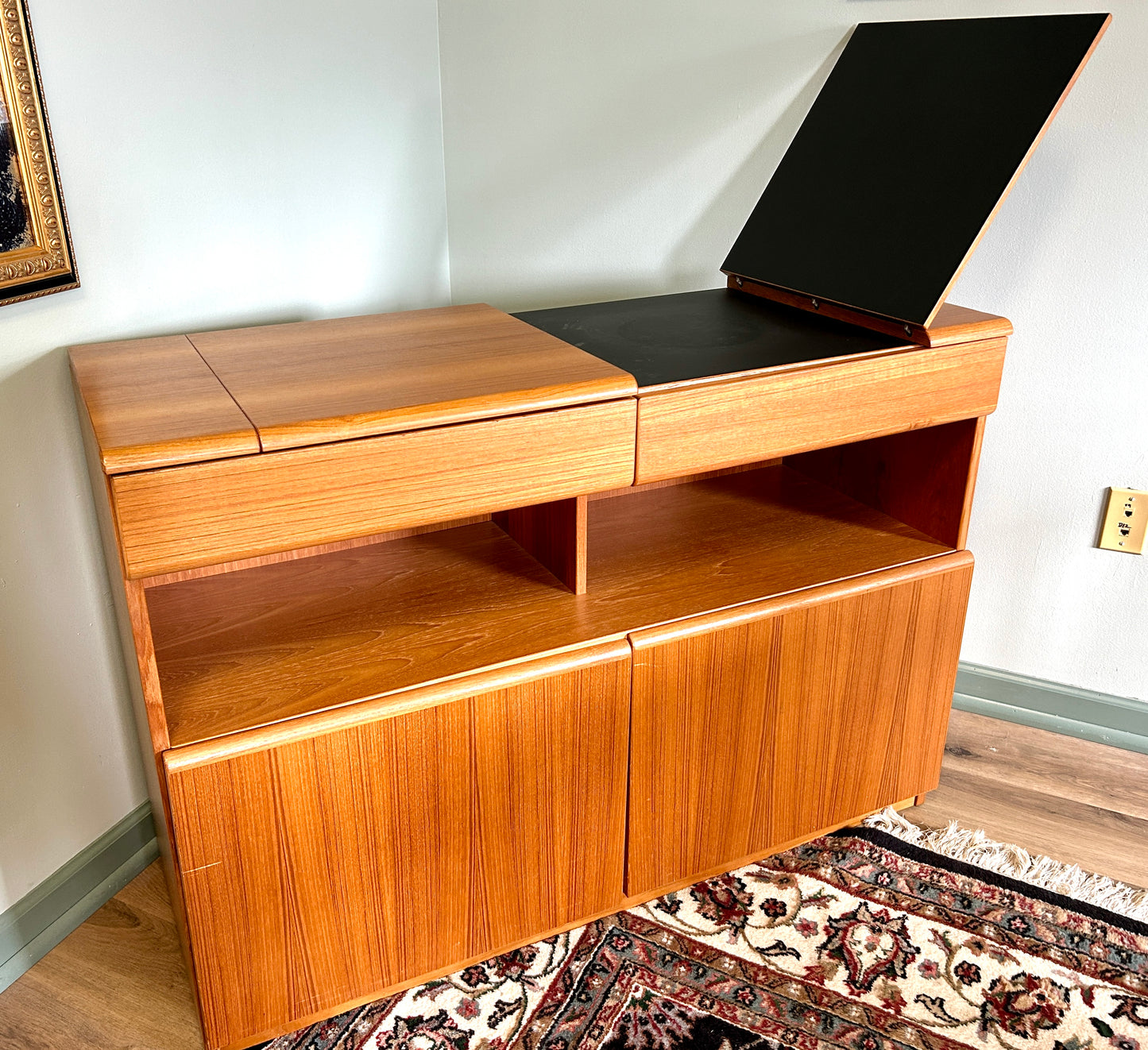 Teak Dry Bar, Vintage Danish Mid-Century Modern, with Flip Top, 47" Wide