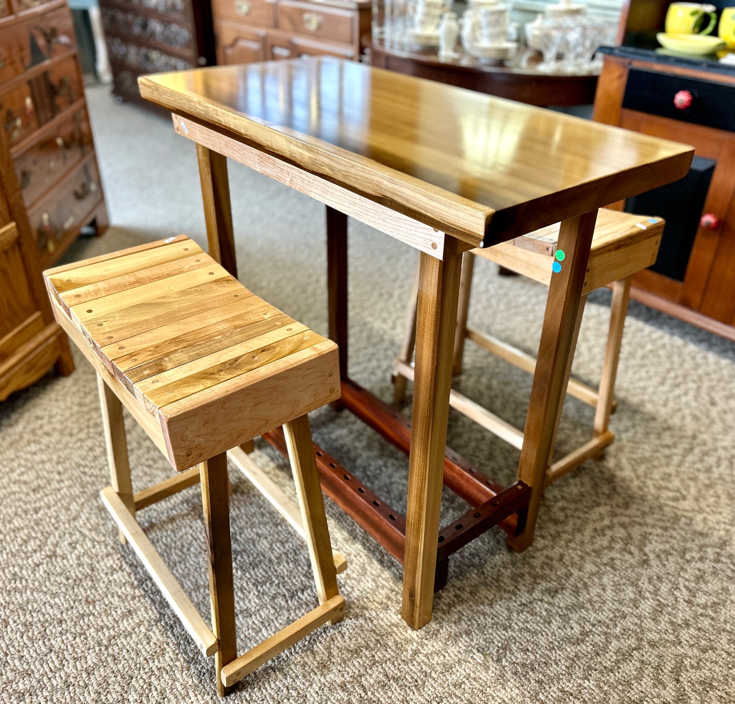 Handcrafted Wooden Bar Table and Stools, Solid Poplar, 36" Table Height