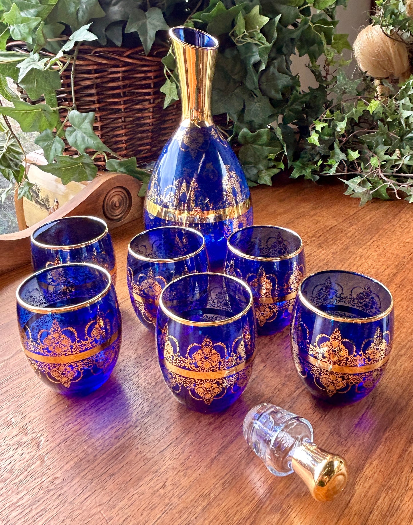 Stunning Murano Glass, Italian Cobalt Blue & Gold Wine Decanter 7 Pc Set, Venezia