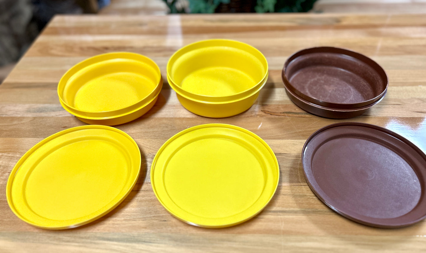 Lot of 22 Vintage Tupperware Containers, Bowls, Plates, Cups and Lids, 1970s Orange, Gold, Avocado