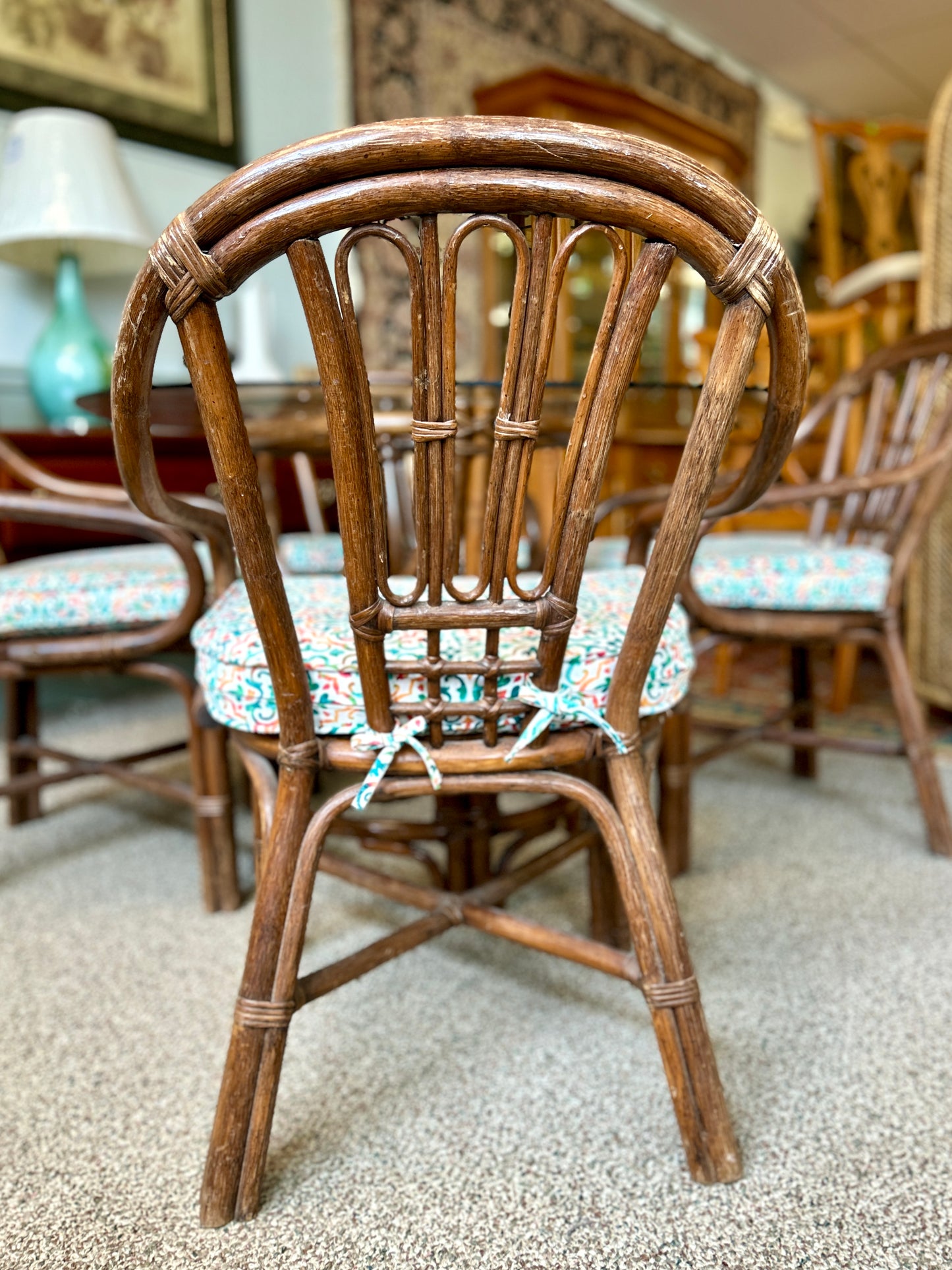 Rattan Dining Table with Glass Top and Four Chairs, 42" Square