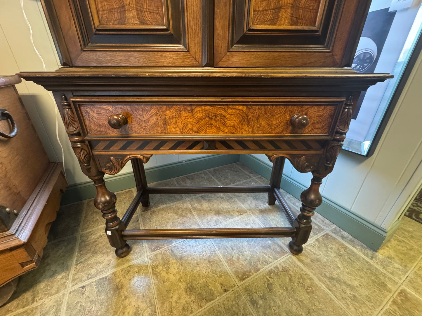 English Jacobean Antique Berkey And Gay Walnut Bookcase Or Bar