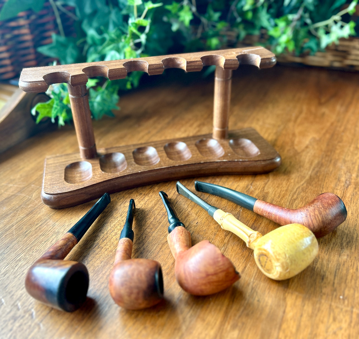 Beautiful, Vintage Pipe Collection w Walnut Decatur Pipe Stand, Walnut, Briar, Meerschaum, Made in England, US, Israel