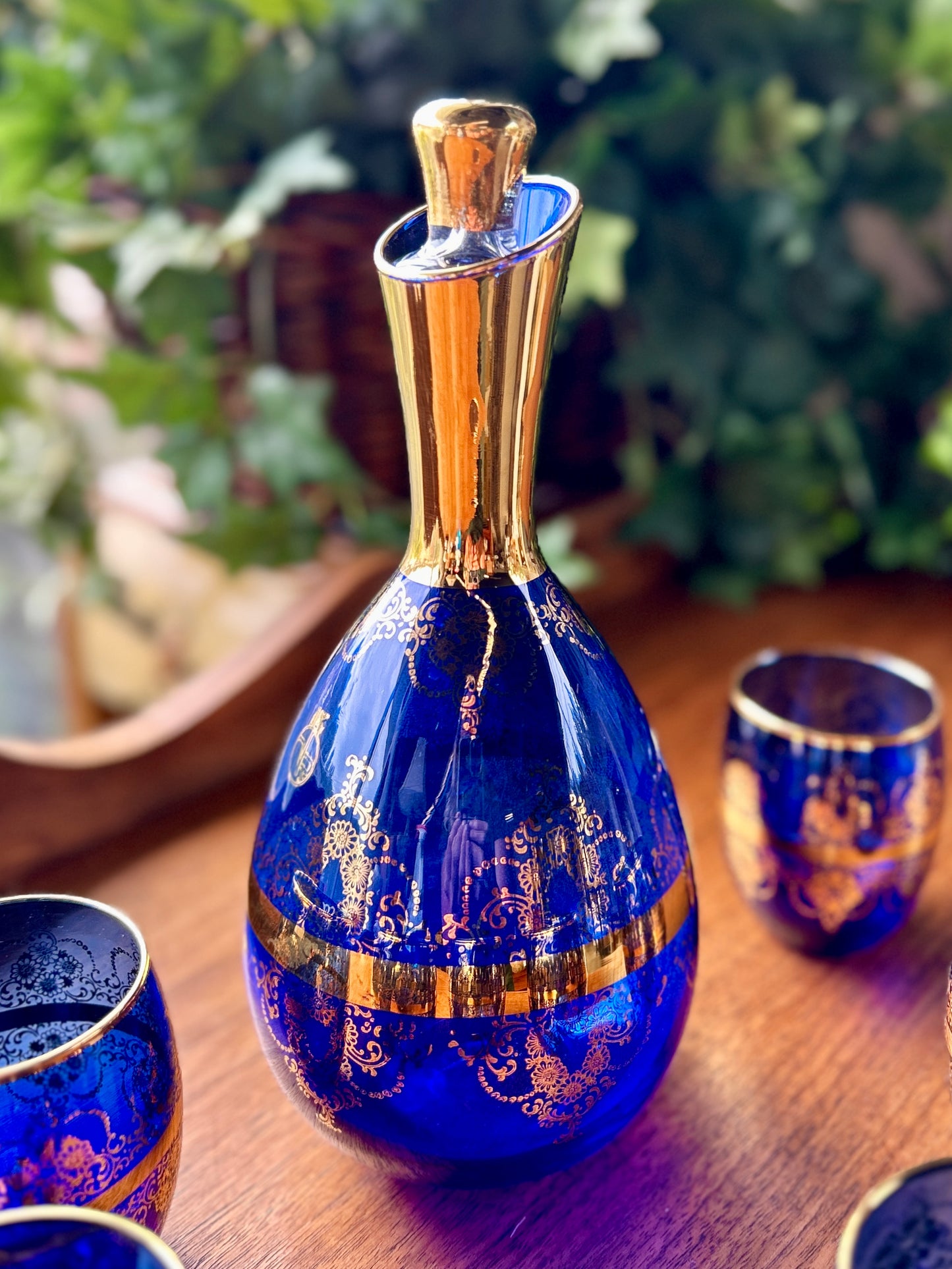 Stunning Murano Glass, Italian Cobalt Blue & Gold Wine Decanter 7 Pc Set, Venezia