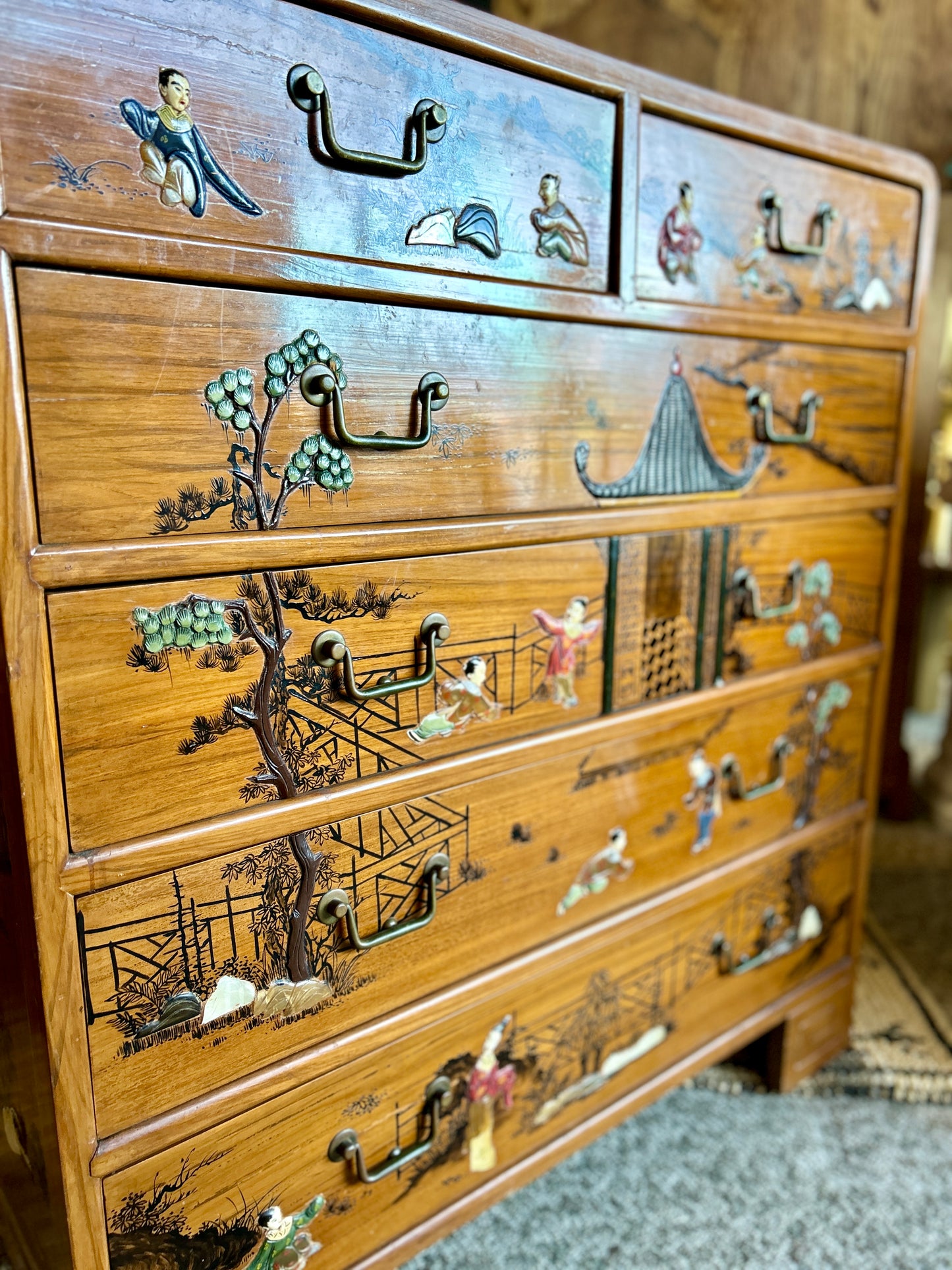 MCM Oriental Chest Of Drawers, Asian Landscapes with Mother of Pearl Inlay, 42" Tall