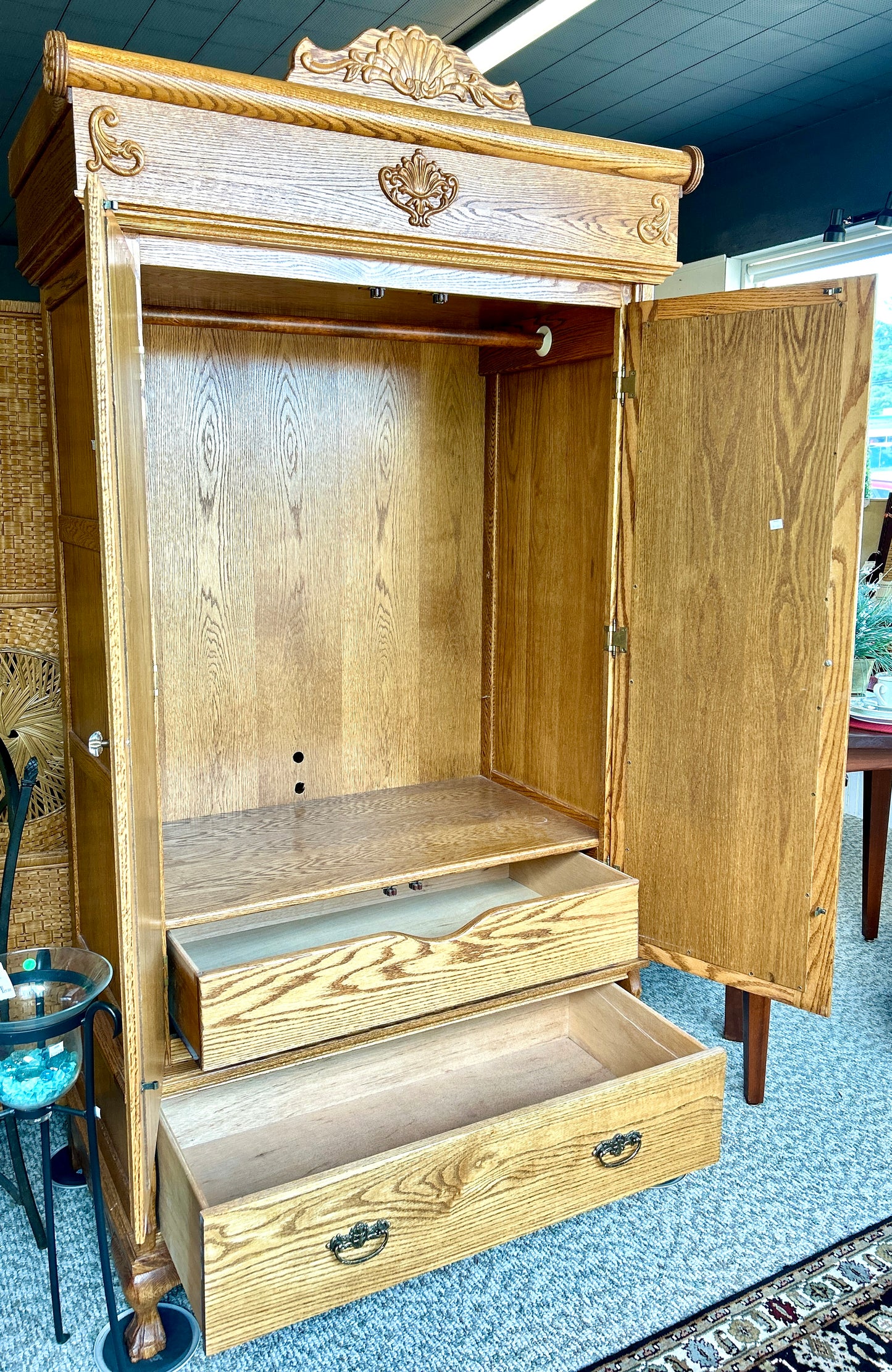 Beautiful, Vintage Oak Armoire with Beveled Glass Mirrors, 86" Tall