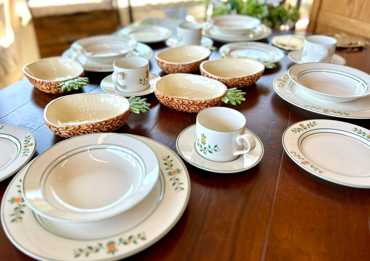 1960s Vintage Pineapple Place Setting For 4, by International Ceramics, 20 Pieces, Plus 4 Accent Bowls and Brass Trivets