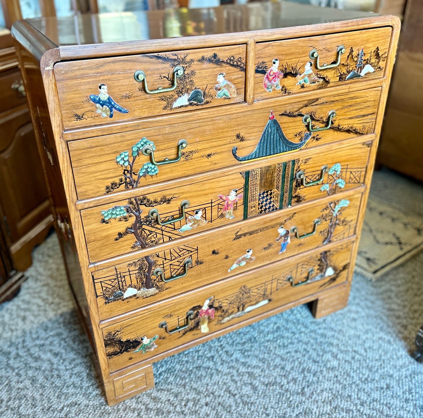 MCM Oriental Chest Of Drawers, Asian Landscapes with Mother of Pearl Inlay, 42" Tall