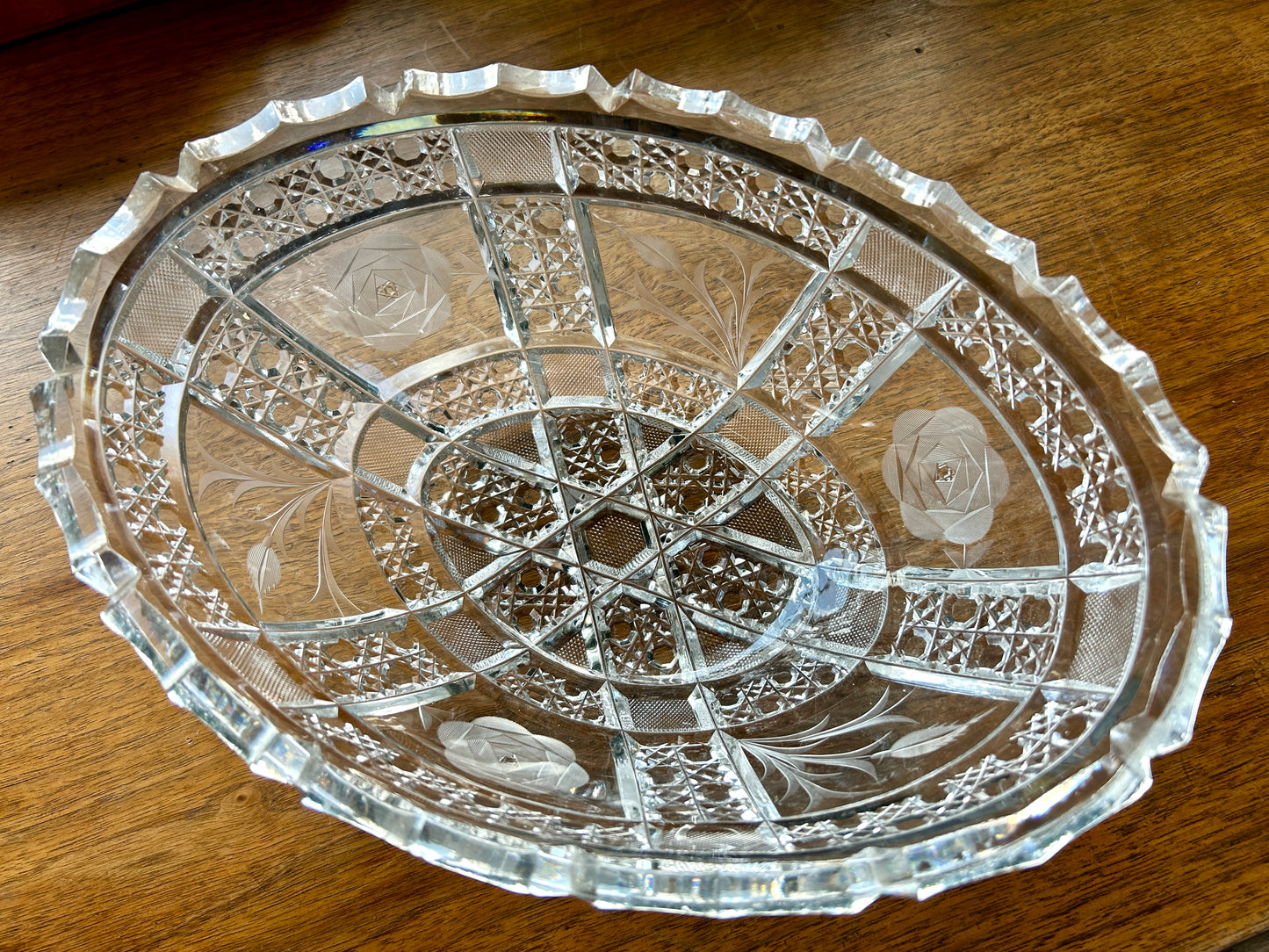 Large, Brilliant Cut Glass Bowl, Oval, 11.25" with Bright, Diamond Point and Fluted Detail