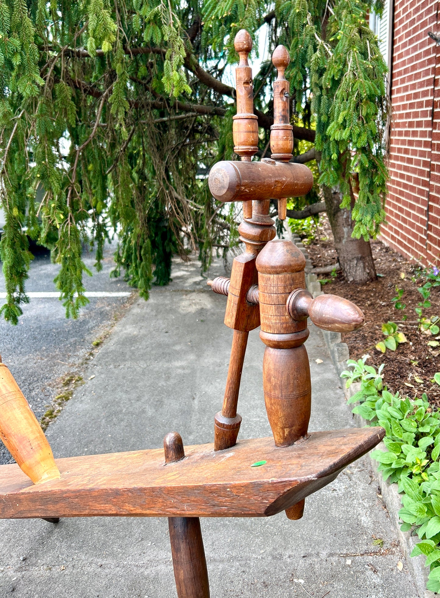 Antique Spinning Wheel, Solid Wood with Turned Detail, 65" Wide