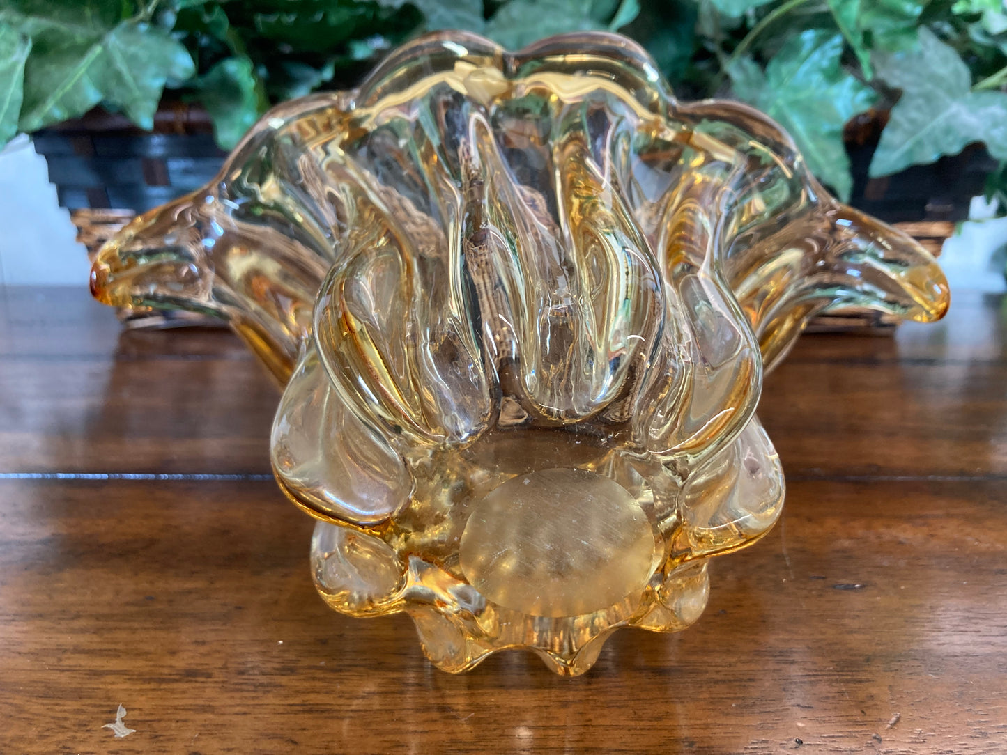 Hand Blown Amber Glass Bowl With Wing Tips