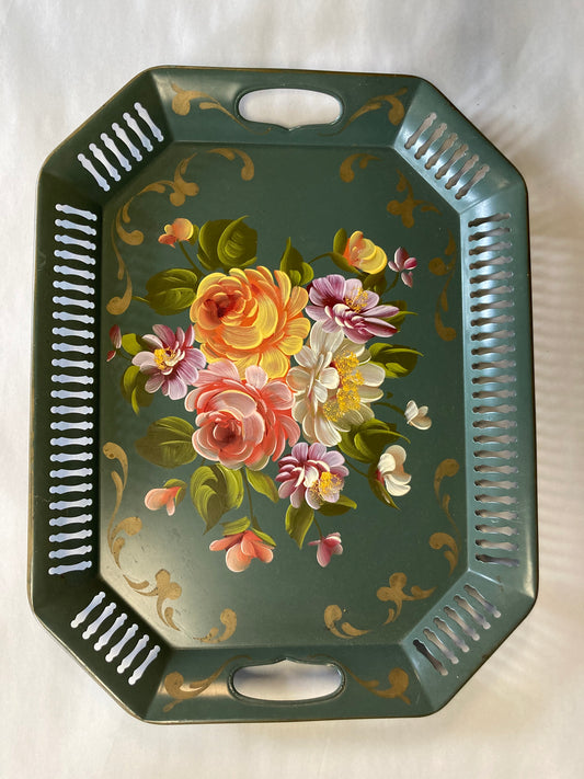 Green With Hand Painted Floral Design Mid Century Americana Tole Tray