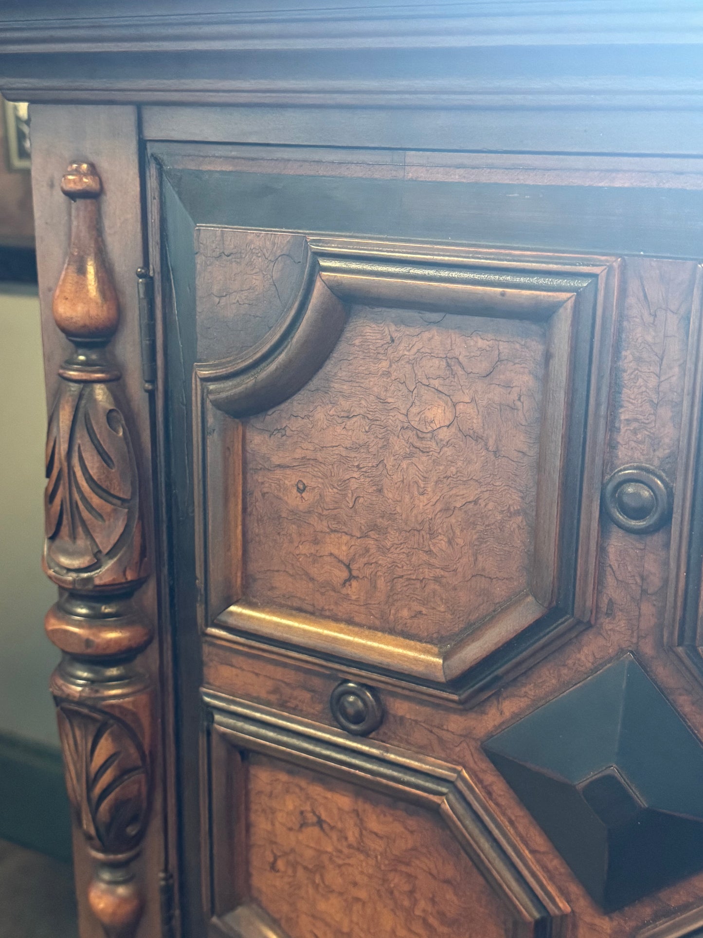 Antique BERKEY & GAY Furniture Renaissance Revival Mahogany, Burl Wood and Ebonized Wood Cabinet