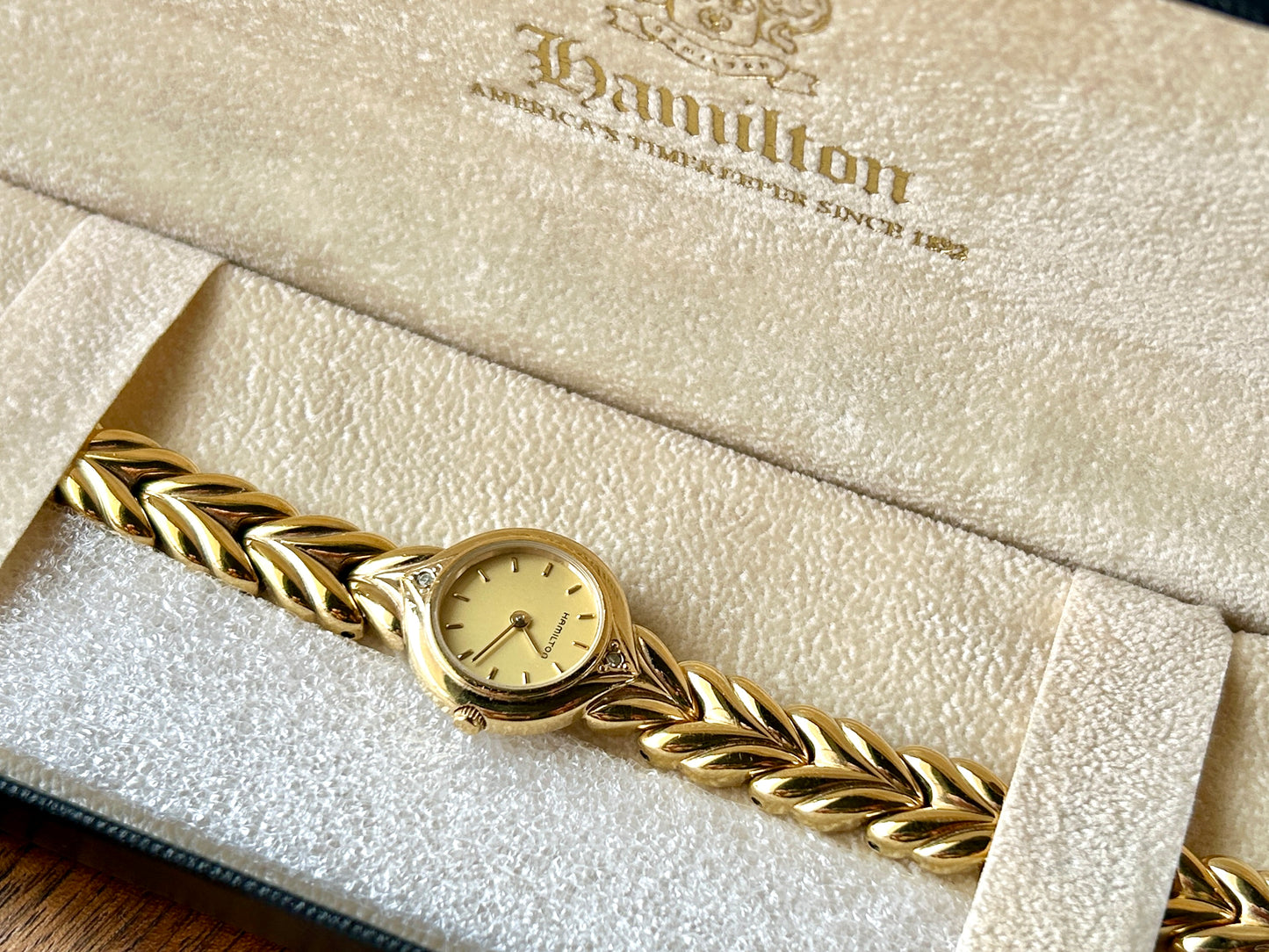 Ladies Vintage Hamilton Masterpiece Watch, Gold with Diamonds, in Original Presentation Box