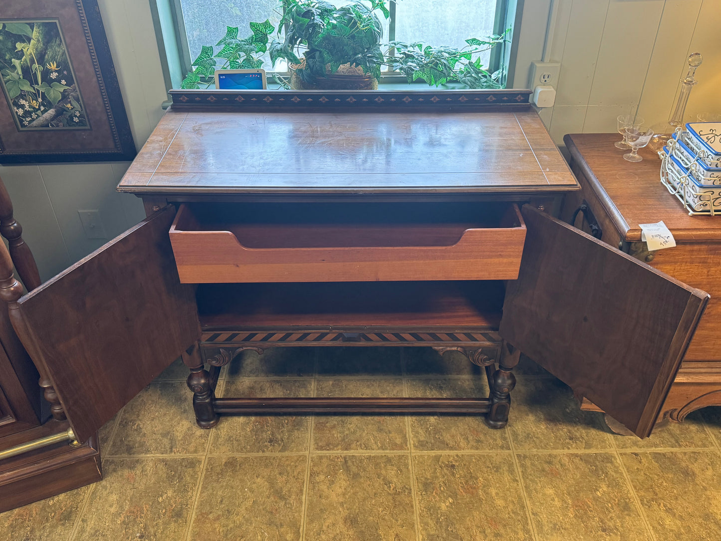 Antique BERKEY & GAY Furniture Renaissance Revival Mahogany, Burl Wood and Ebonized Wood Cabinet