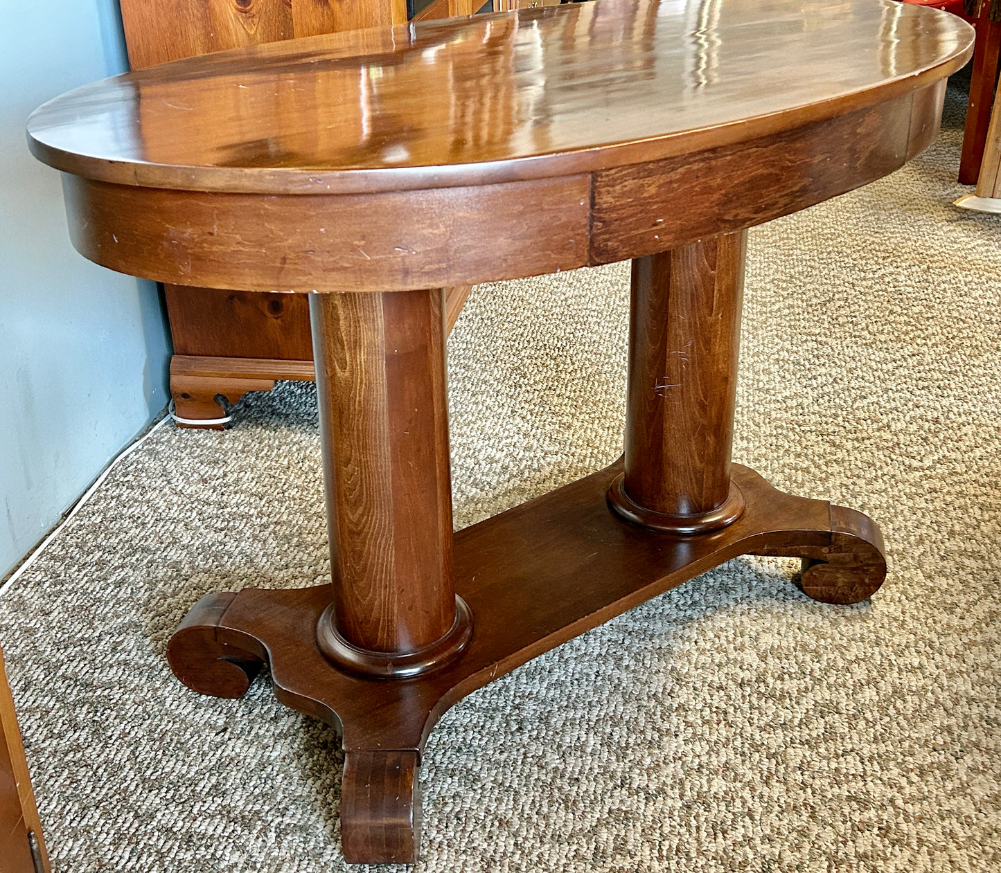 Antique Empire Style Maple Library Table, 44" Wide, Double Pedestal