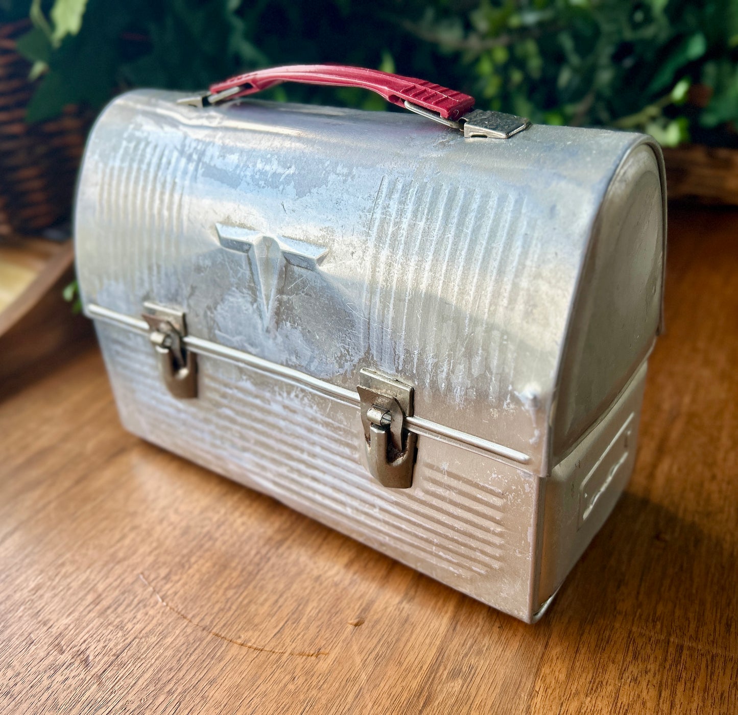 Cool, 1940s Thermos Lunch Box, Aluminum Metal w Swing Handle and Locking Hinges