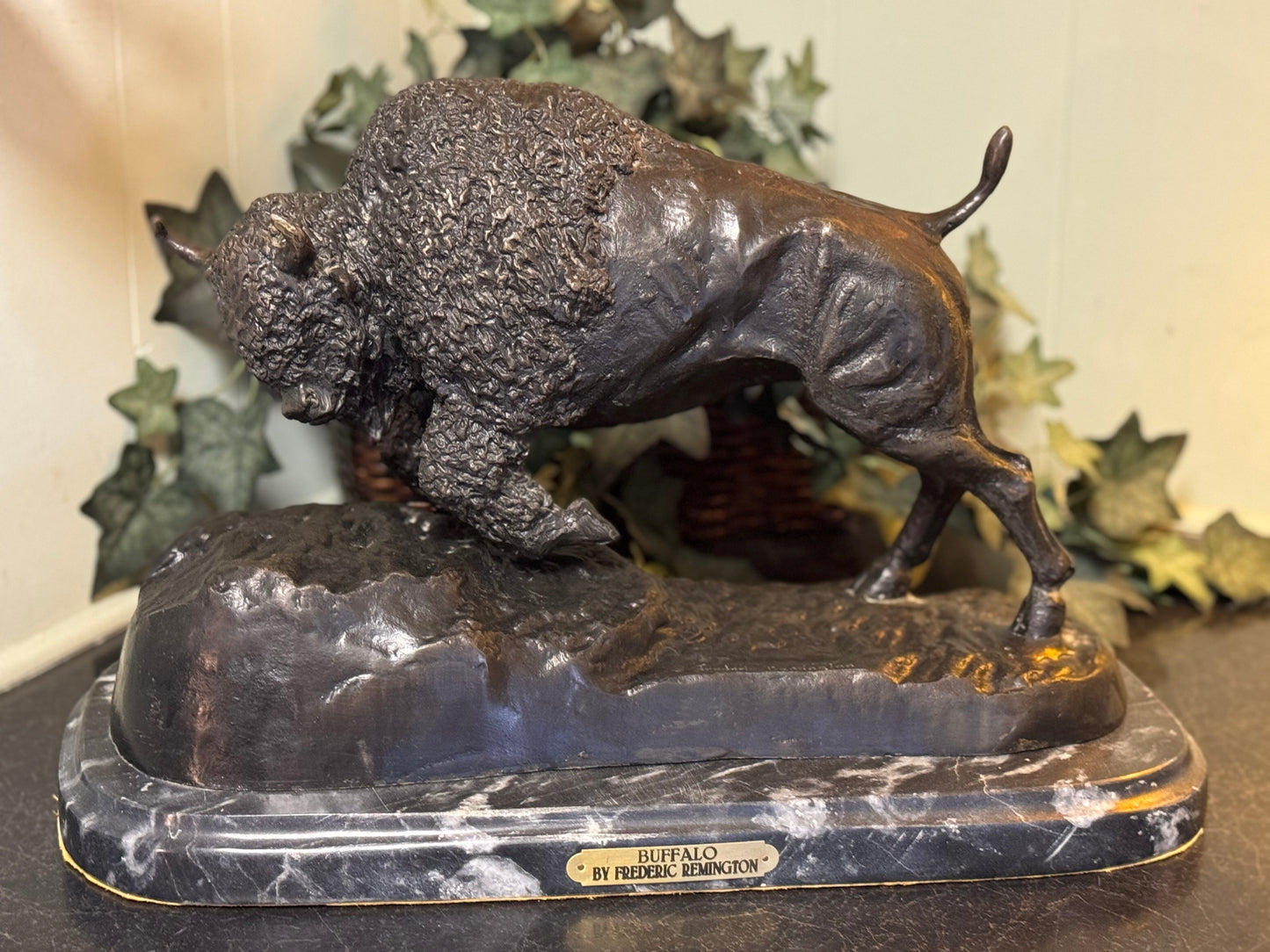 Bronze Sculpture With Marble Base Titled "Buffalo" By Frederic Remington