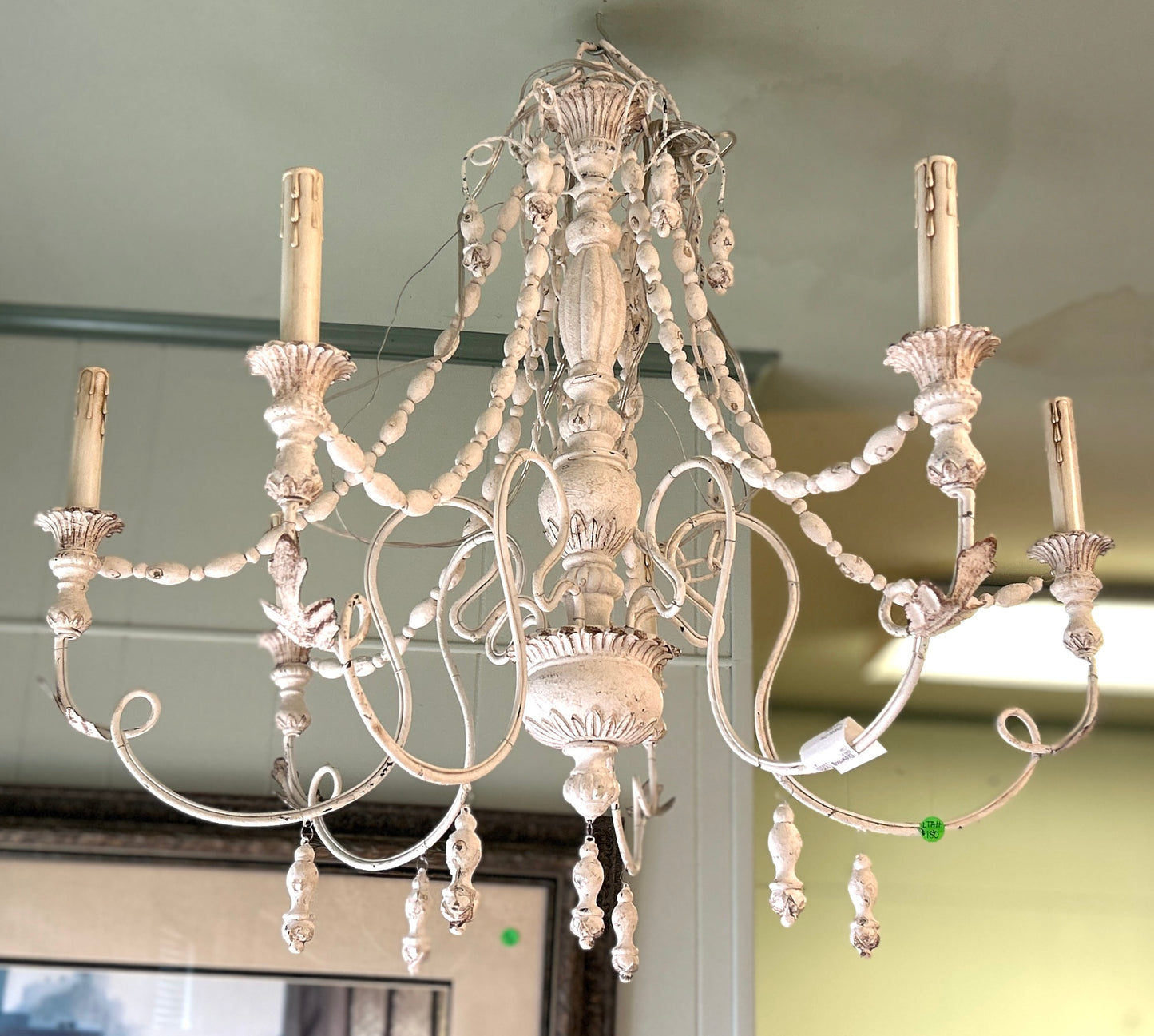 Chandelier, Shabby Chic Wood and Iron Six-Light, Scrolled-Arm Chandelier, 28"