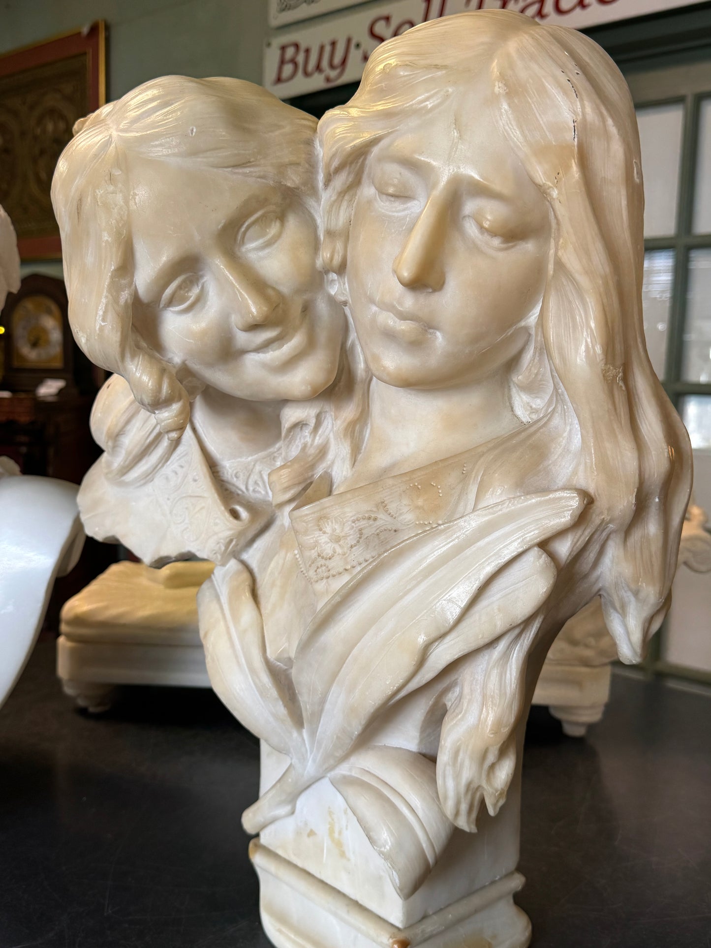 Exquisite Hand-Carved Marble Bust of Mother and Child Embracing