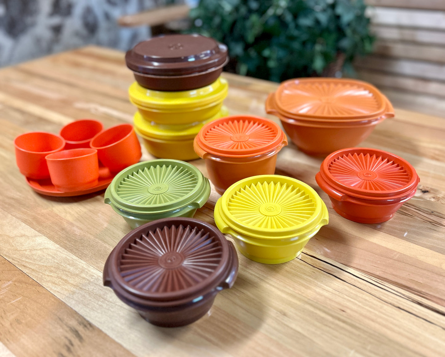 Lot of 22 Vintage Tupperware Containers, Bowls, Plates, Cups and Lids, 1970s Orange, Gold, Avocado