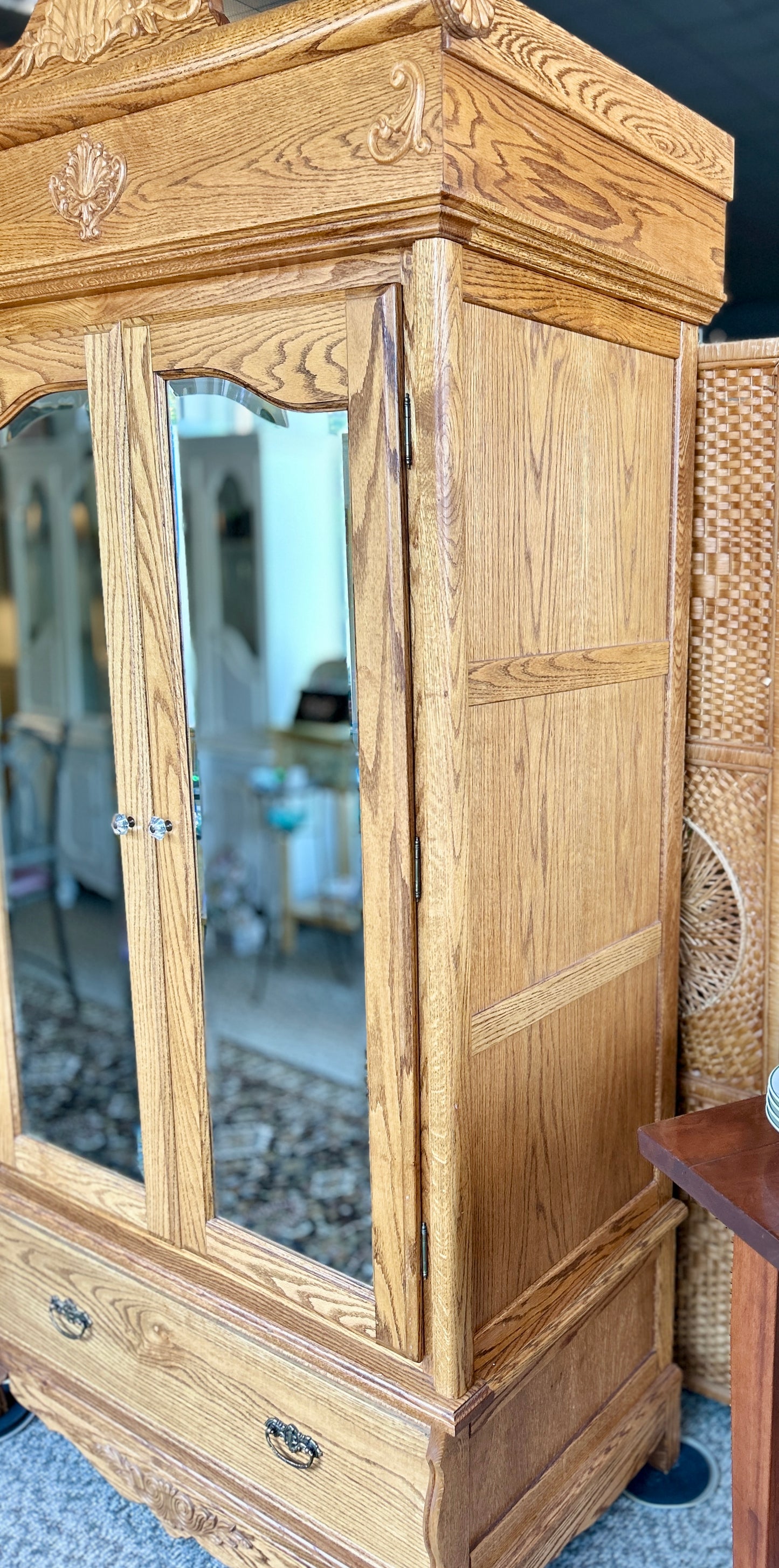 Beautiful, Vintage Oak Armoire with Beveled Glass Mirrors, 86" Tall