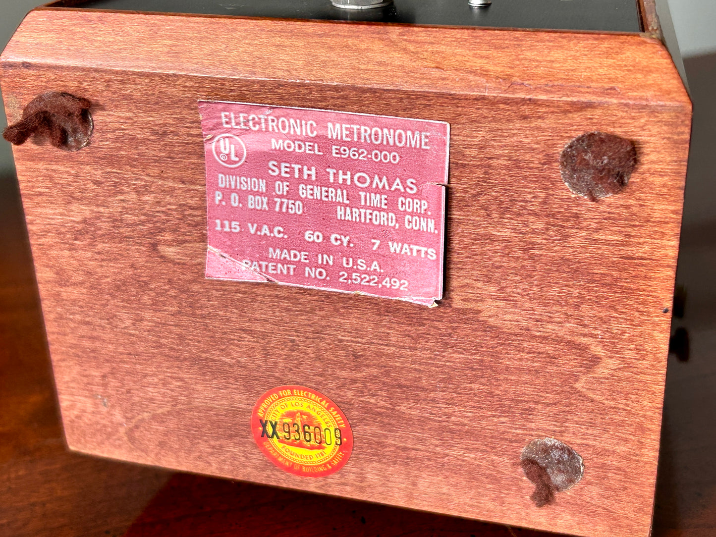 1972 Seth Thomas Music Metronome, Model E962-000, Mahogany Wood Case, Electric